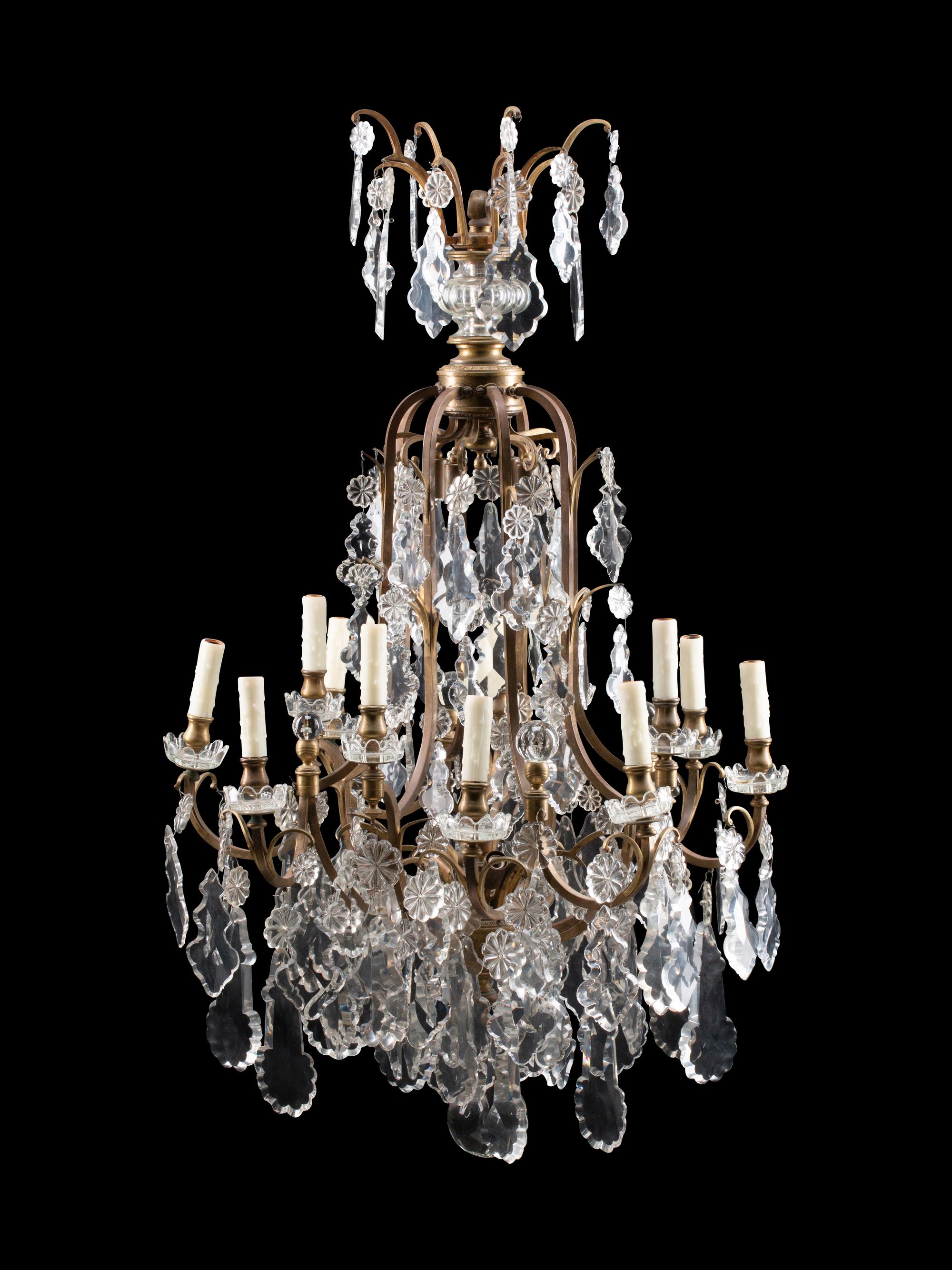 A Louis XV Style Bronze and Glass Twelve-Light Chandelier