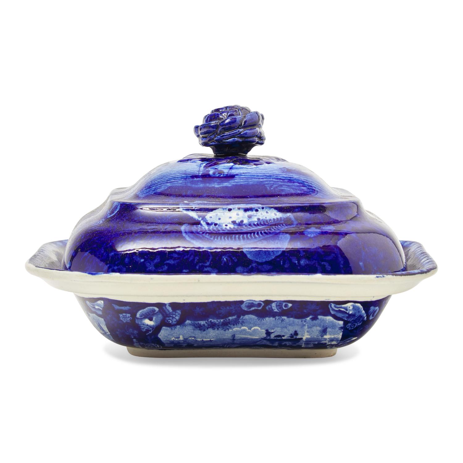 A Staffordshire Historical Blue "A Ship of the Line in the Downs" Covered Vegetable Dish