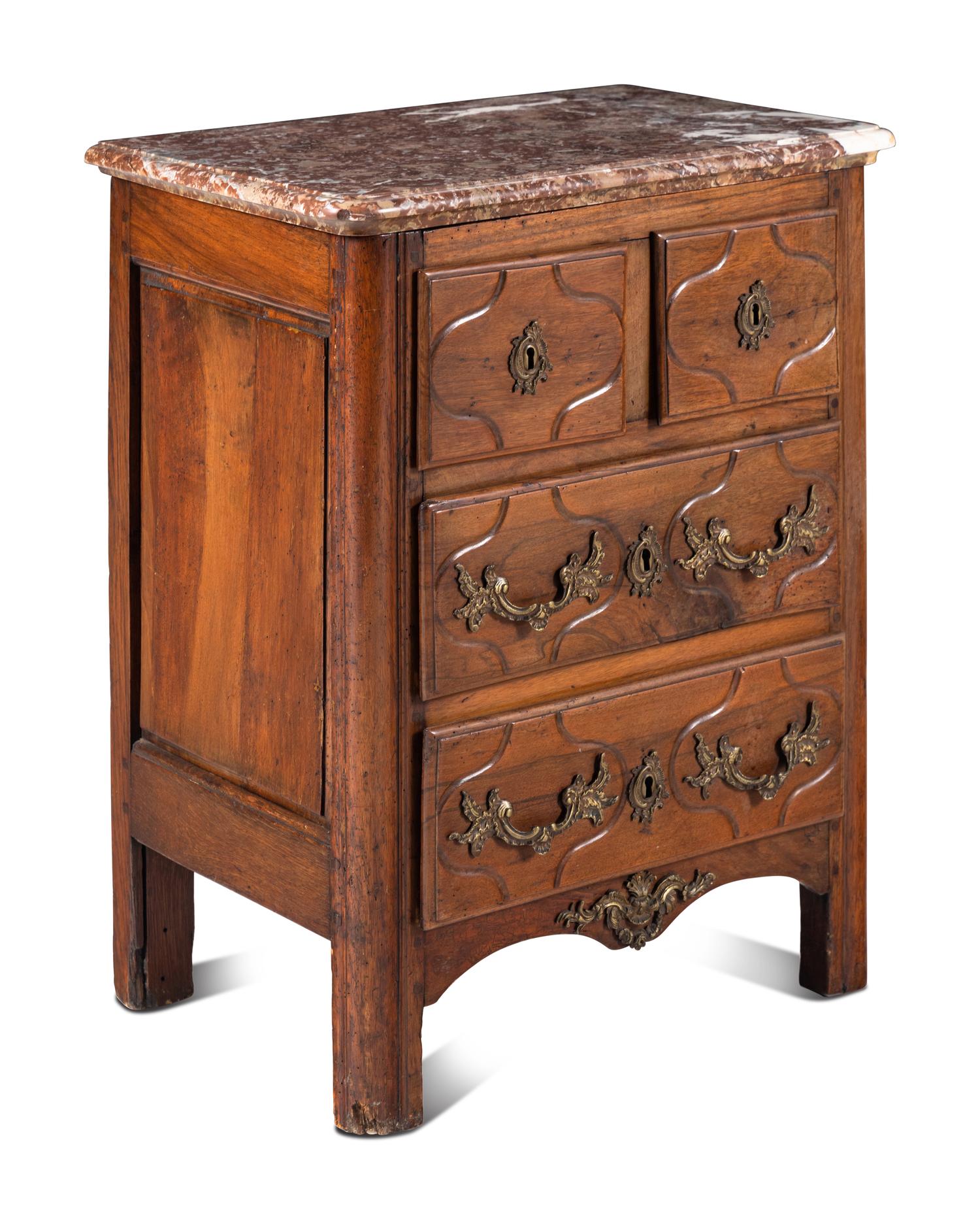 A Louis XV Walnut Marble-Top Commode