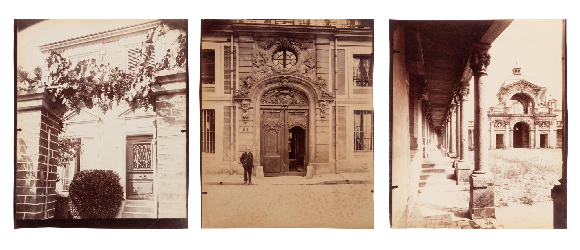 A group of three photographs ( Vigne, 1910 or earlier; Porte, avenue de Paris (Versailles) , 1922; Fontainebleau, cour ovale , 1903)