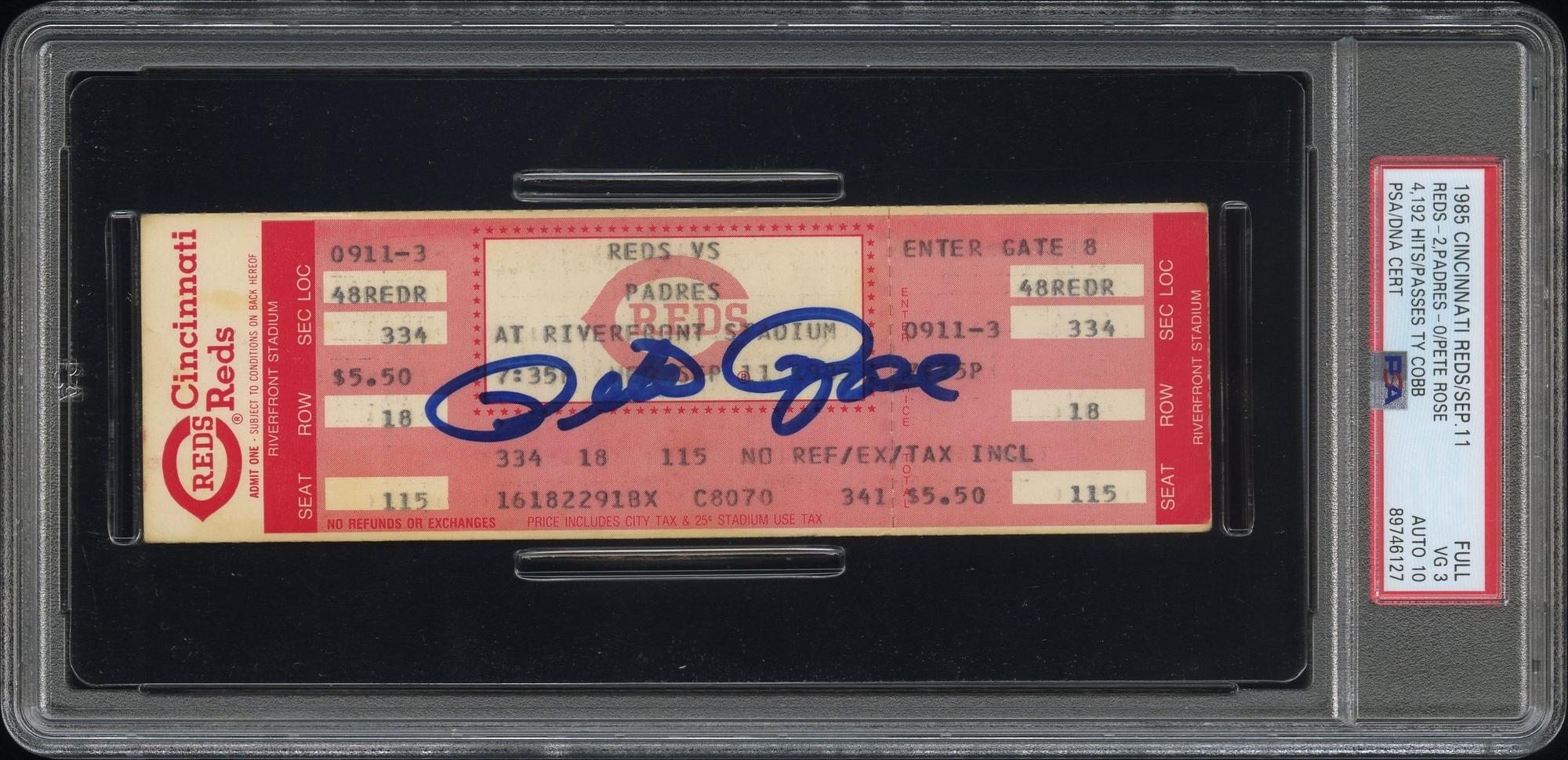 A Pete Rose Signed Autograph Sept. 11, 1985 4912 Hit Record Game Full TIcket (PSA 10 Auto)