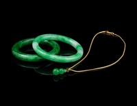 Two Chinese Jadeite Bangles and A Jadeite Gourd-Form Pendant