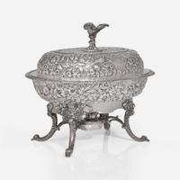 A coin silver floral repoussé covered warming dish on stand S. Kirk & Sons, Baltimore, MD, 1861-1868