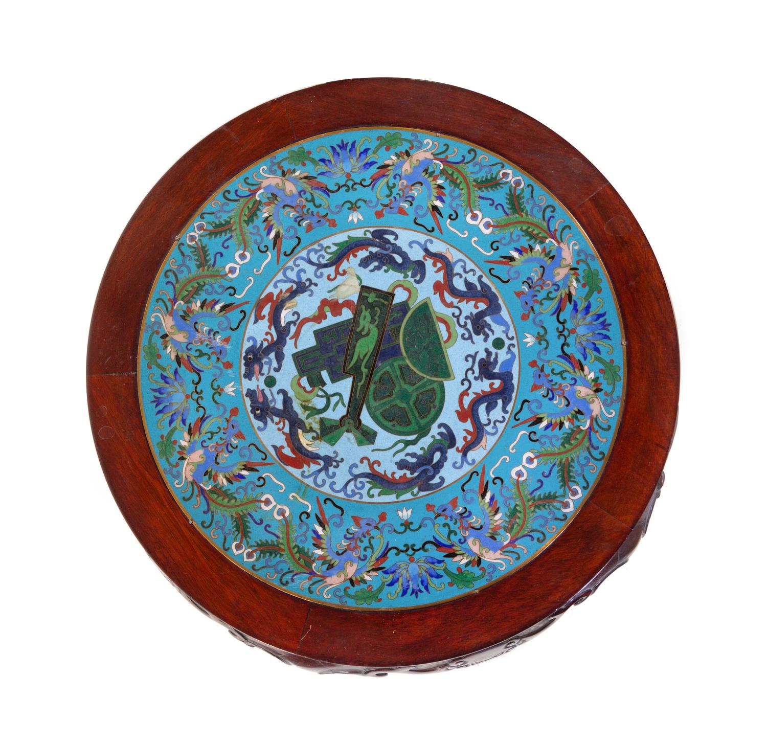 A Pair of Chinese Cloisonné Inset Hardwood Stools