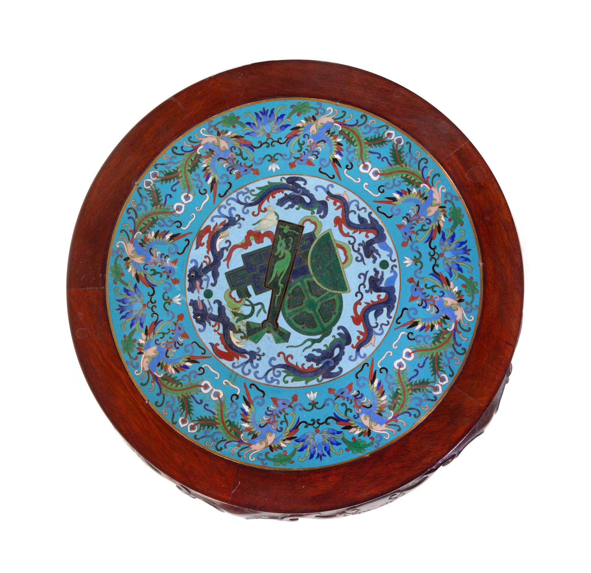 A Pair of Chinese Cloisonné Inset Hardwood Stools