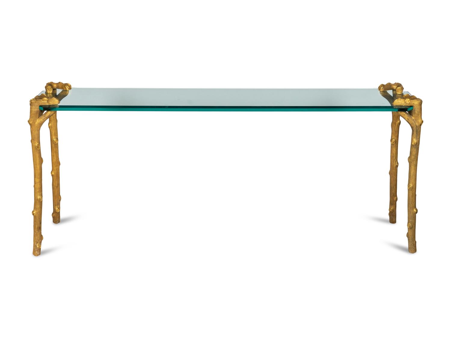A P.E. Guerin Faux Bois Gilt Bronze and Glass Console Table
