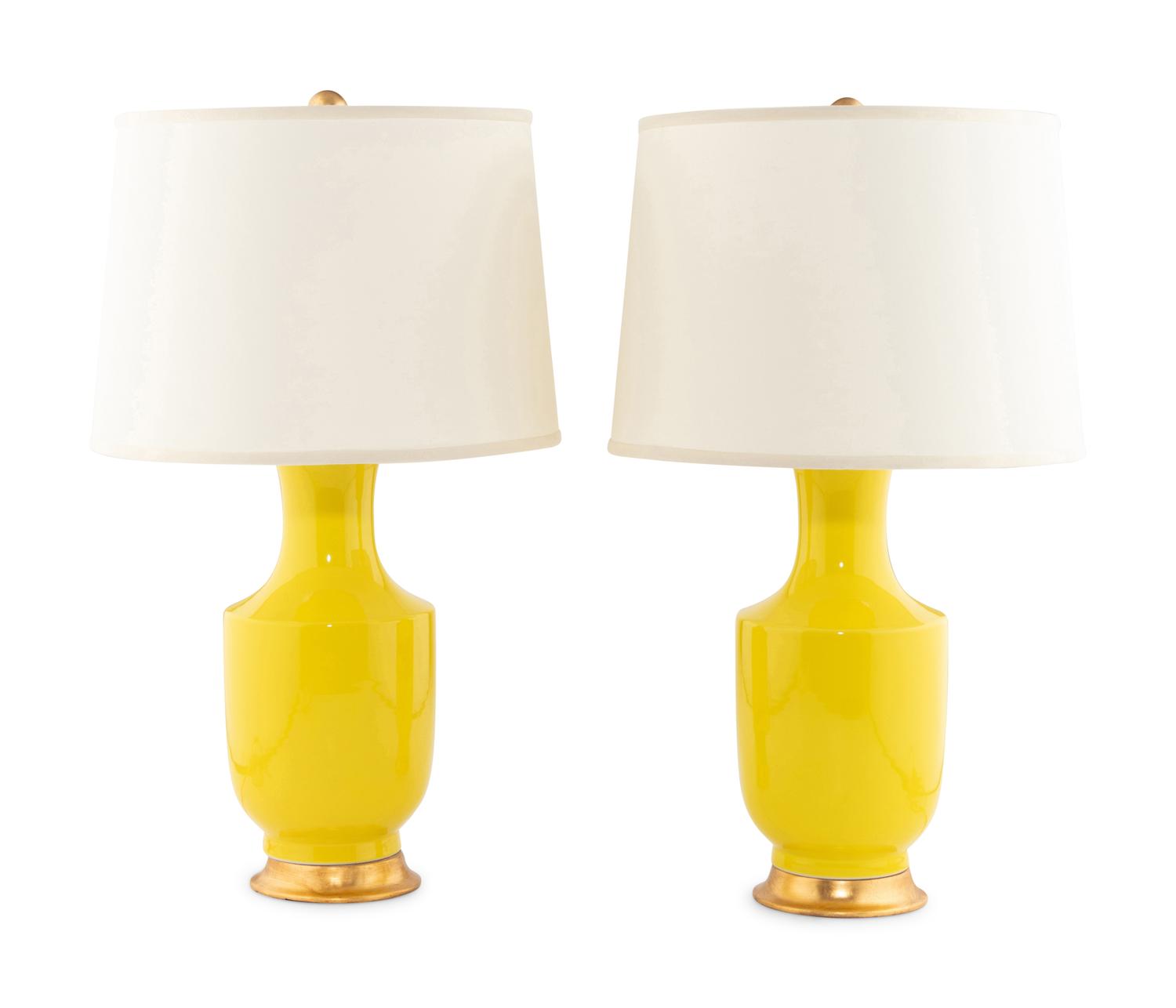A Pair of Yellow Glazed Porcelain Lamps