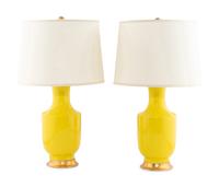 A Pair of Yellow Glazed Porcelain Lamps