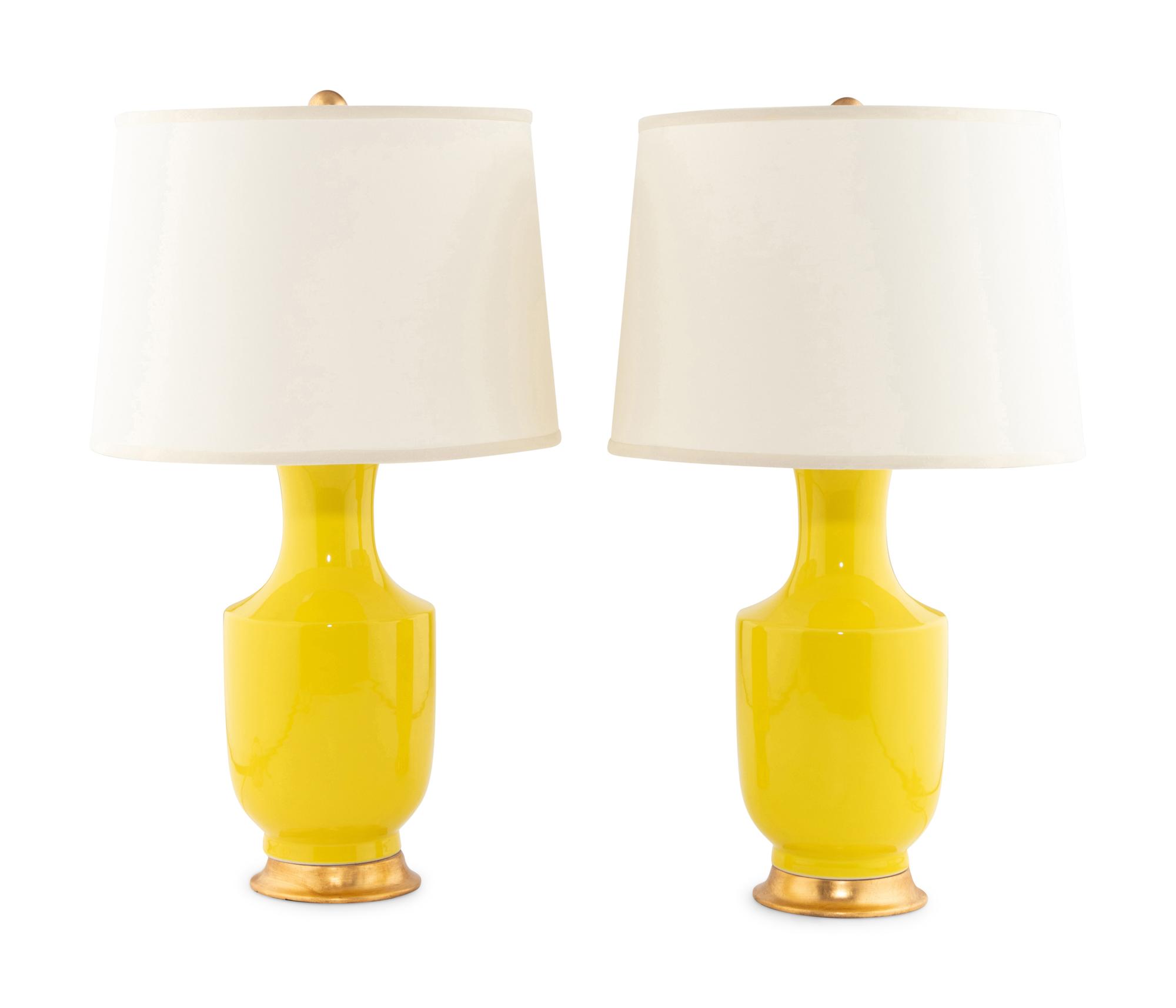 A Pair of Yellow Glazed Porcelain Lamps