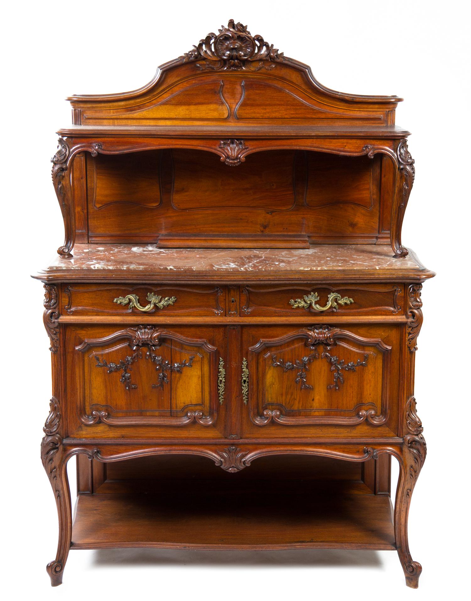 A Louis XV Style Gilt Metal Mounted Walnut Server, Height 68 1/2 x width 48 x depth 19 3/4 inches.