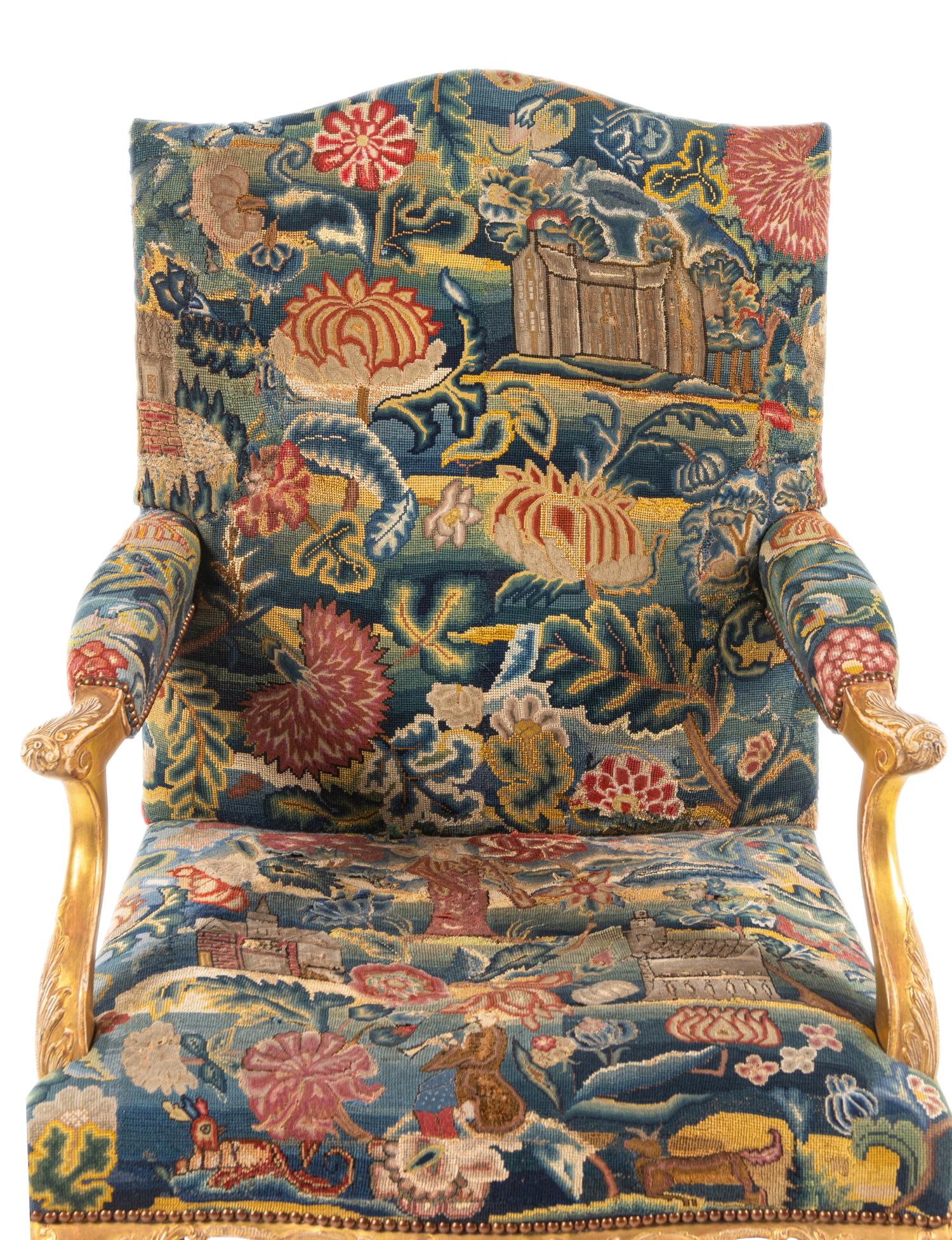 A George II Petit Point and Gros Point-Upholstered Gilt-Gesso Library Armchair