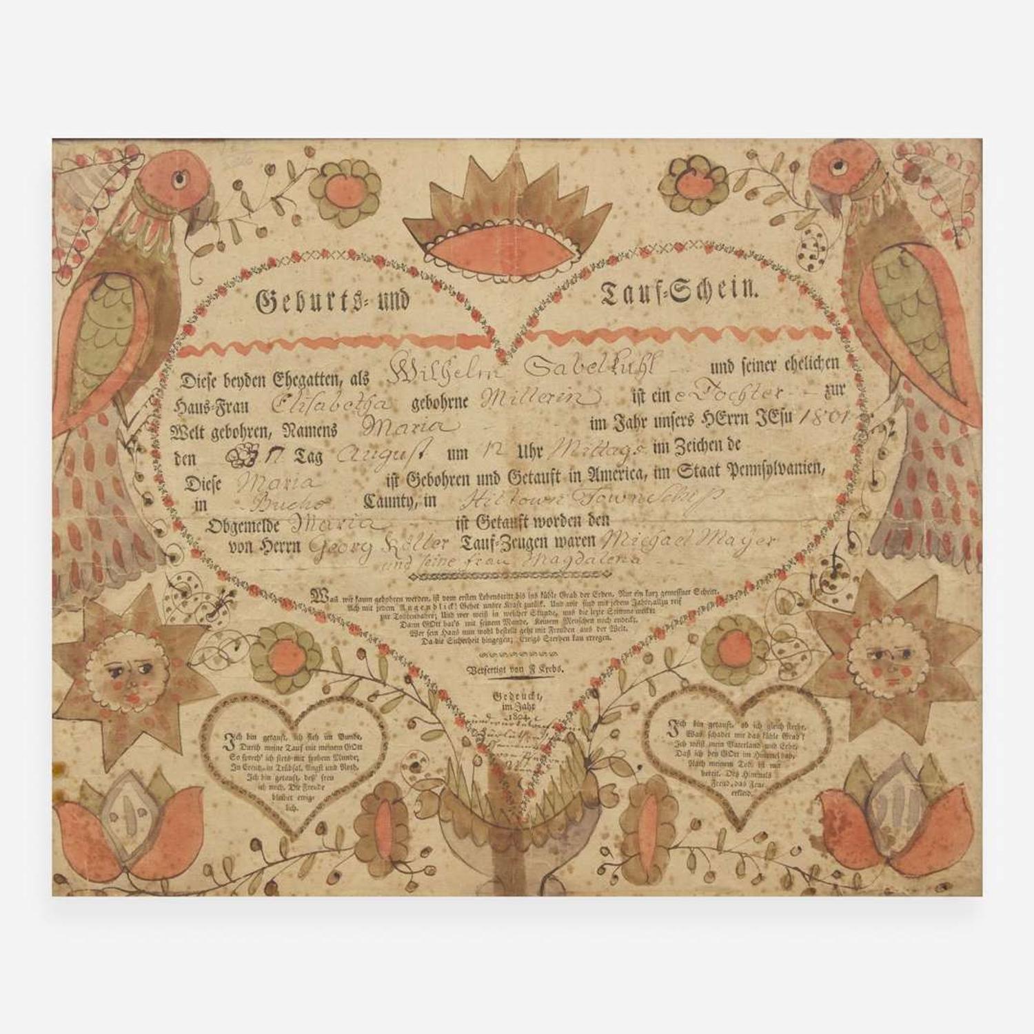 Johann Jacob Friedrich Krebs (c. 1749-1815); A printed and hand-colored Fraktur birth record, dated "1801"