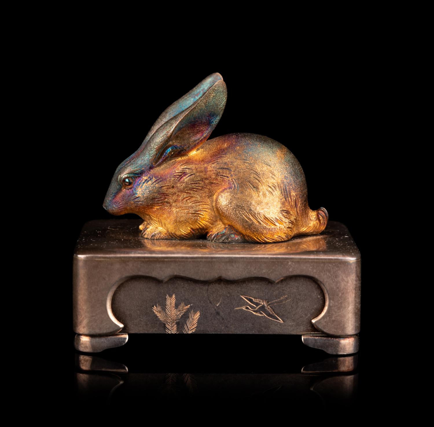 A Fine Japanese Silver Rabbit-Form Bonbonnière