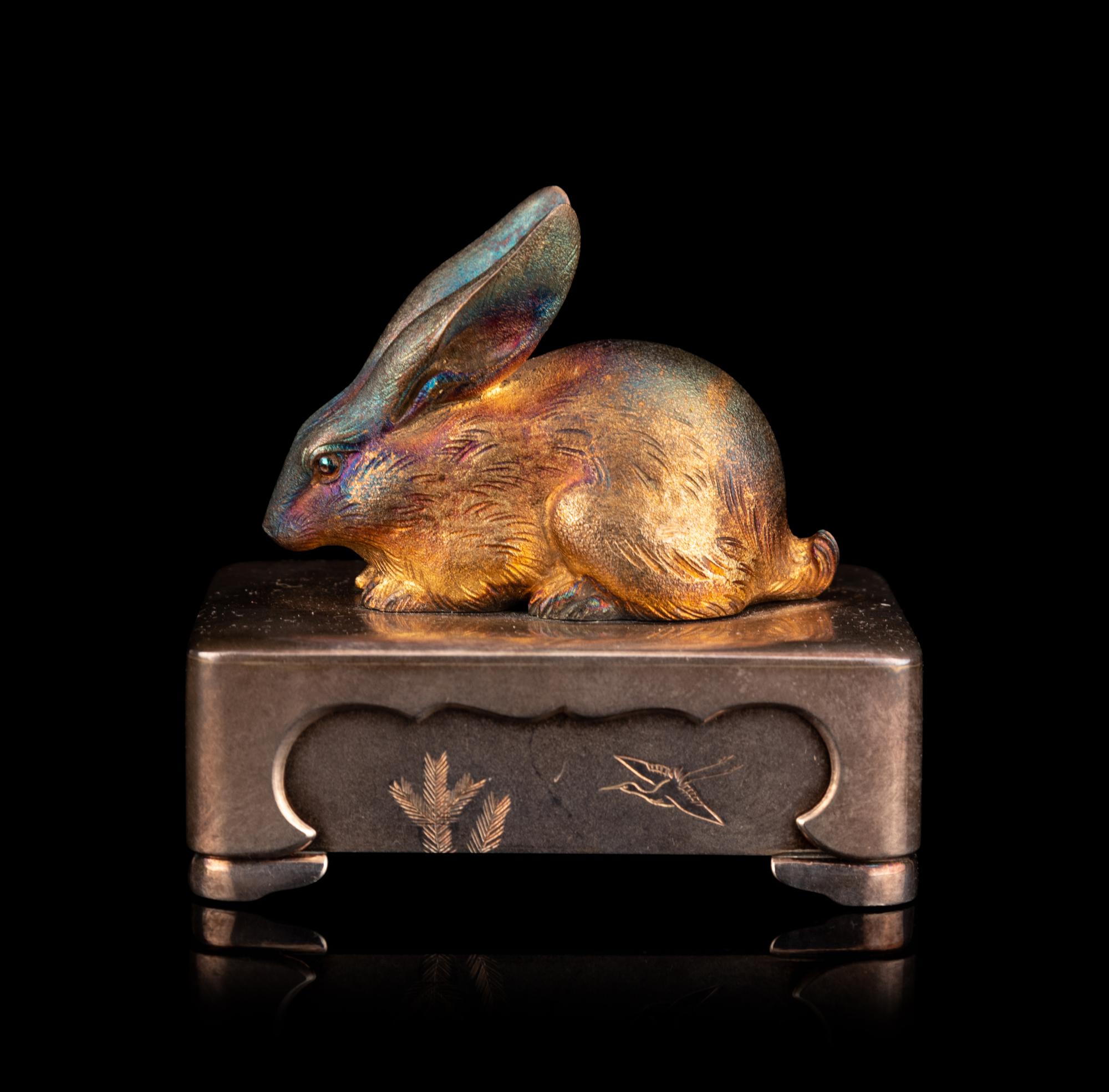 A Fine Japanese Silver Rabbit-Form Bonbonnière