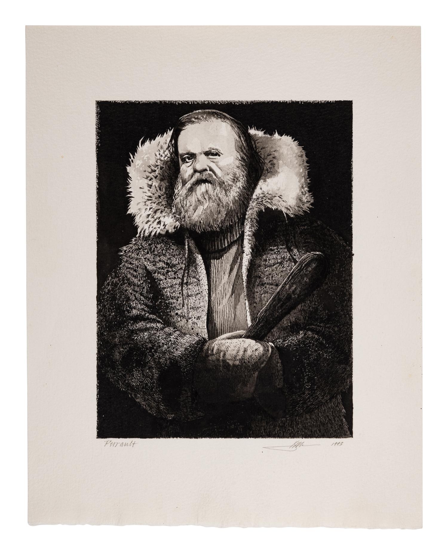MOSER, Barry. Original pen & ink with wash portrait drawing of Perrault for the Macmillan edition of Jack London’s Call of the Wild (1994). 287 x 228 mm. On watercolor paper. Signed and date by Moser in pencil, captioned “Perrault” in lower margin.
