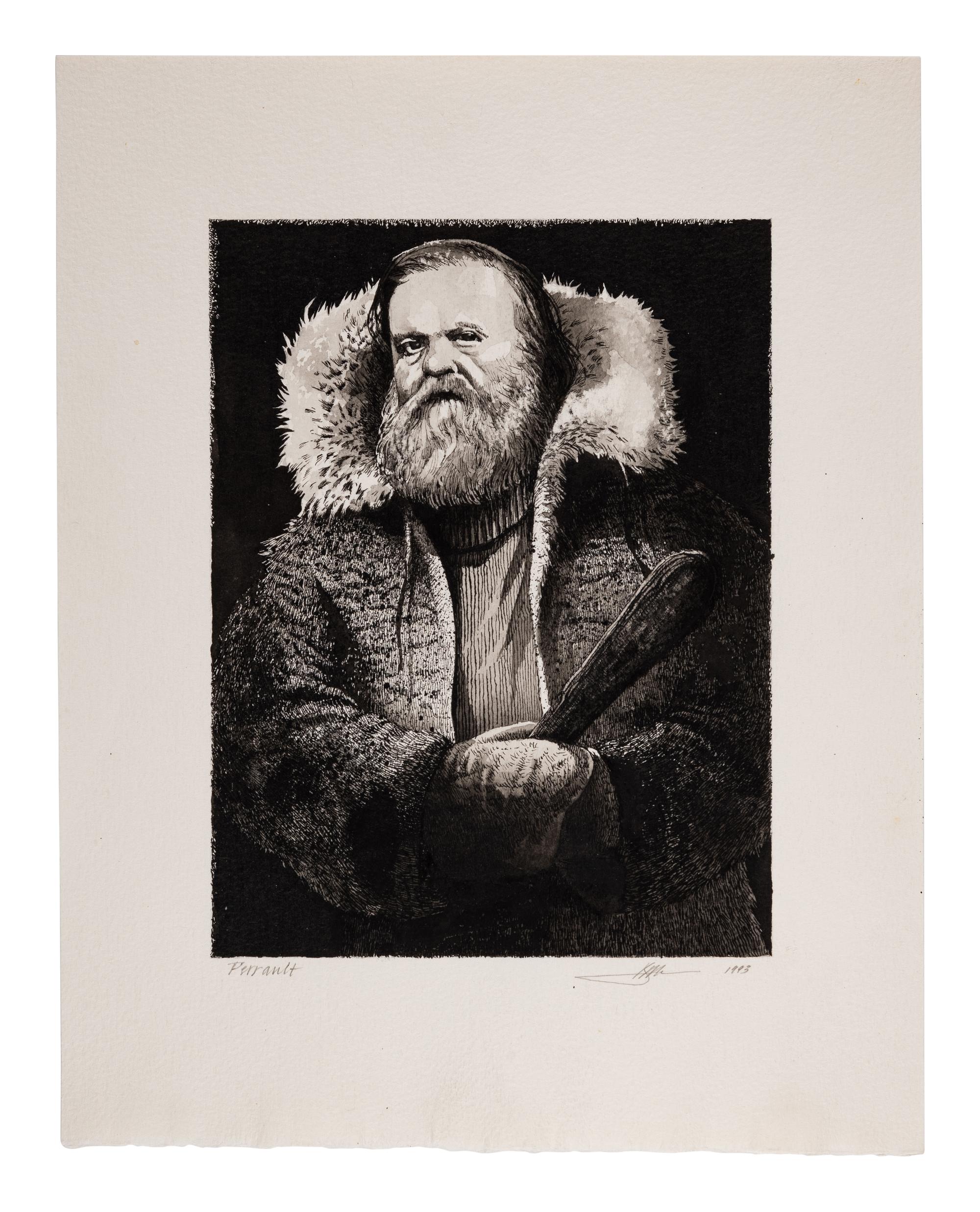MOSER, Barry. Original pen & ink with wash portrait drawing of Perrault for the Macmillan edition of Jack London’s Call of the Wild (1994). 287 x 228 mm. On watercolor paper. Signed and date by Moser in pencil, captioned “Perrault” in lower margin.