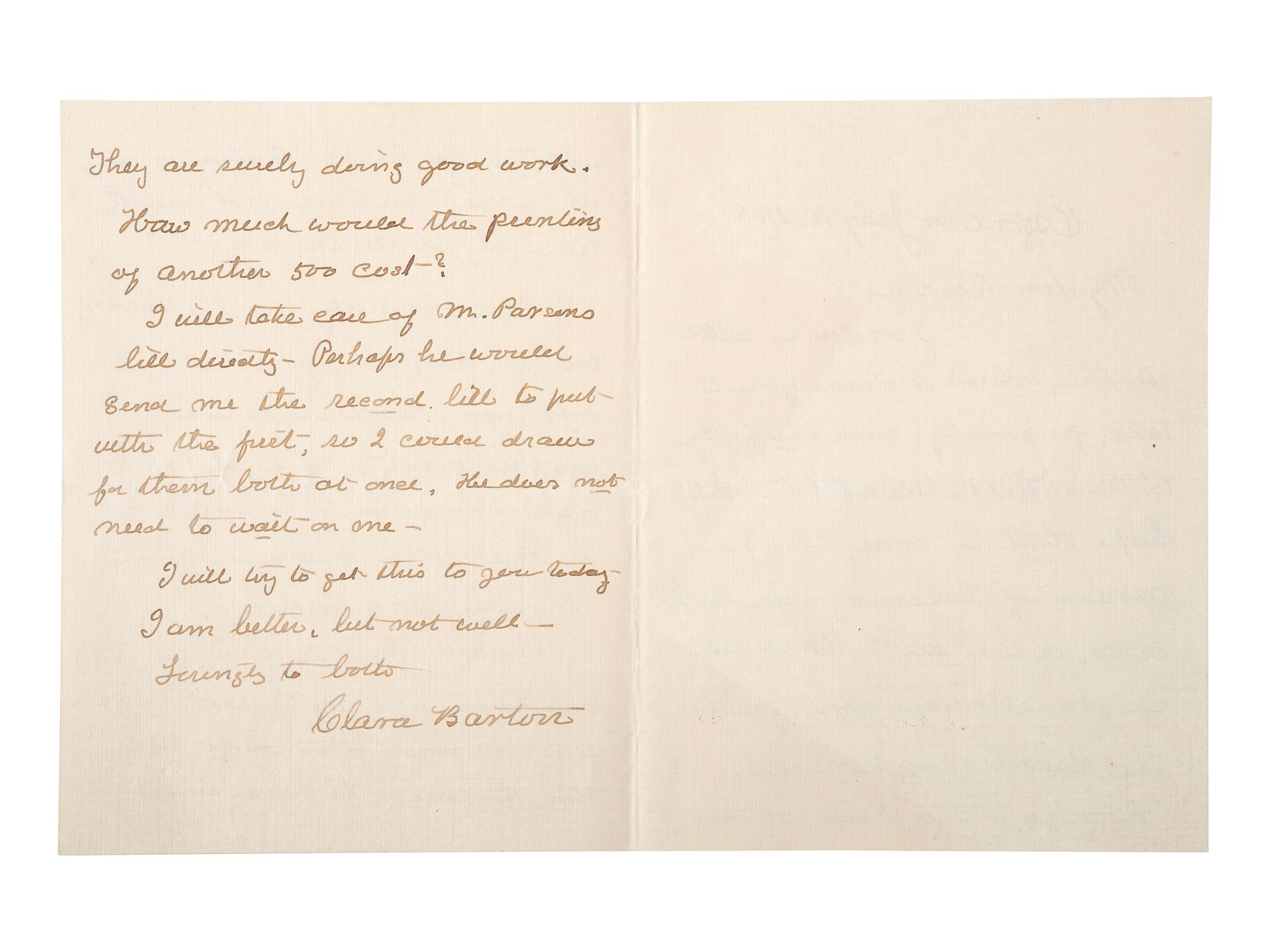[AMERICAN RED CROSS]. BARTON, Clara (1821-1912). Autograph letter signed ("Clara Barton"). Oxford, MS, 15 January 1906. [ With :] WWI Red Cross poster, flag, and nurse's cap.