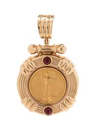 A Yellow Gold and Gemstone Coin Pendant,