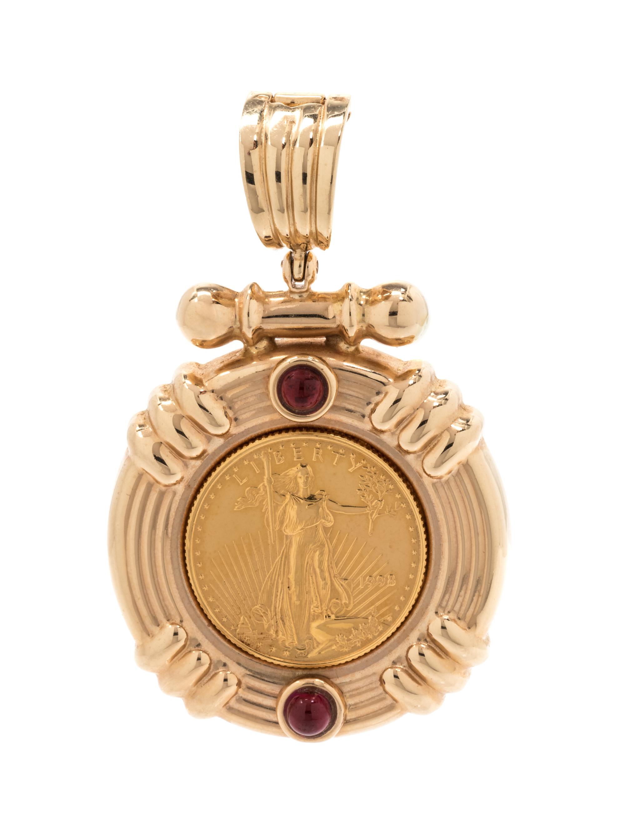 A Yellow Gold and Gemstone Coin Pendant,