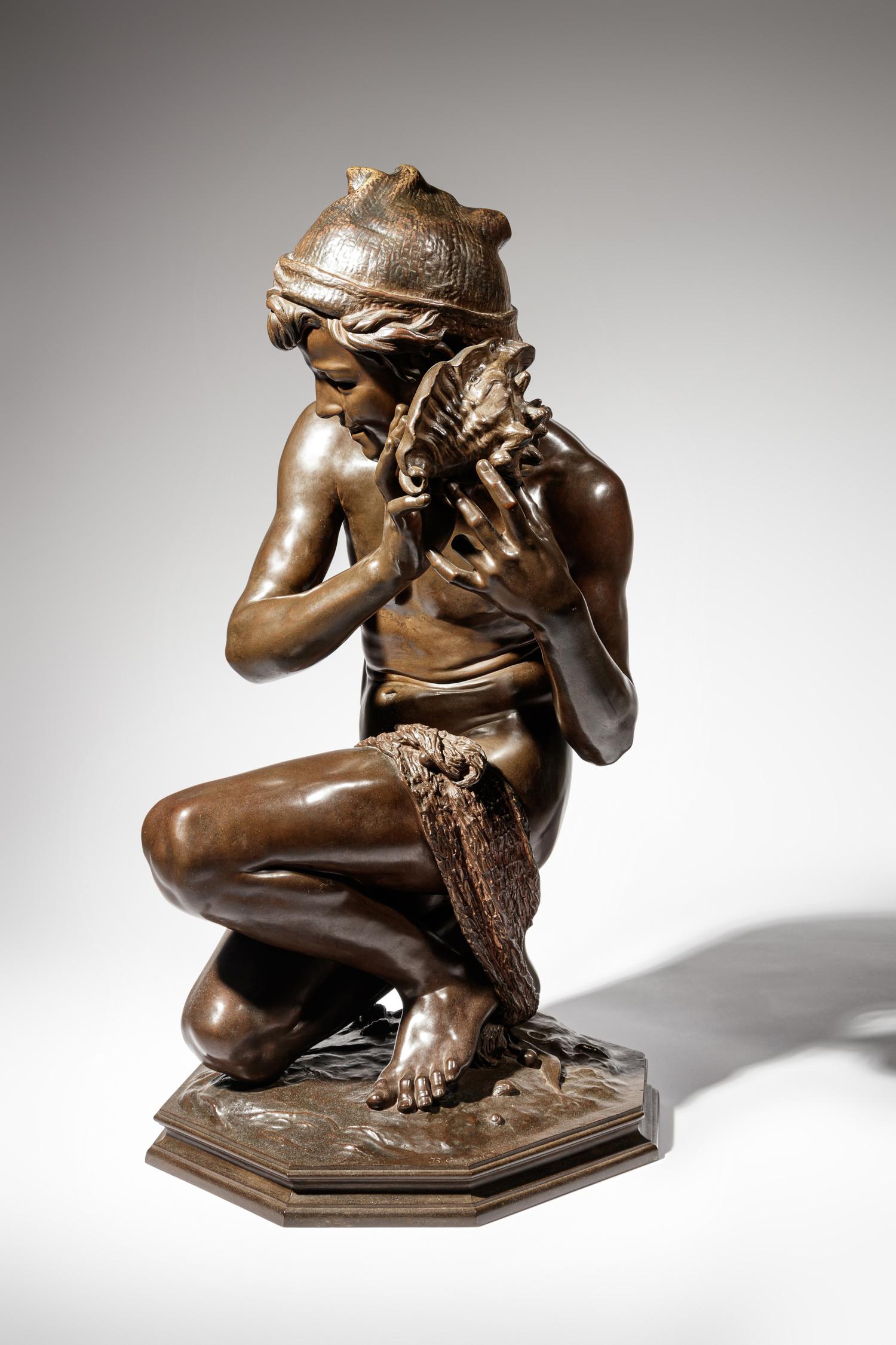 Jean-Baptiste Carpeaux (French, 1827-1875) | 19th Century | Le jeune pêcheur à la coquille | bronze | signed JB Carpeaux and with Propriété Carpeaux stamp | Height 35 1/2 x width 15 5/8 x depth 18 5/8 inches.
