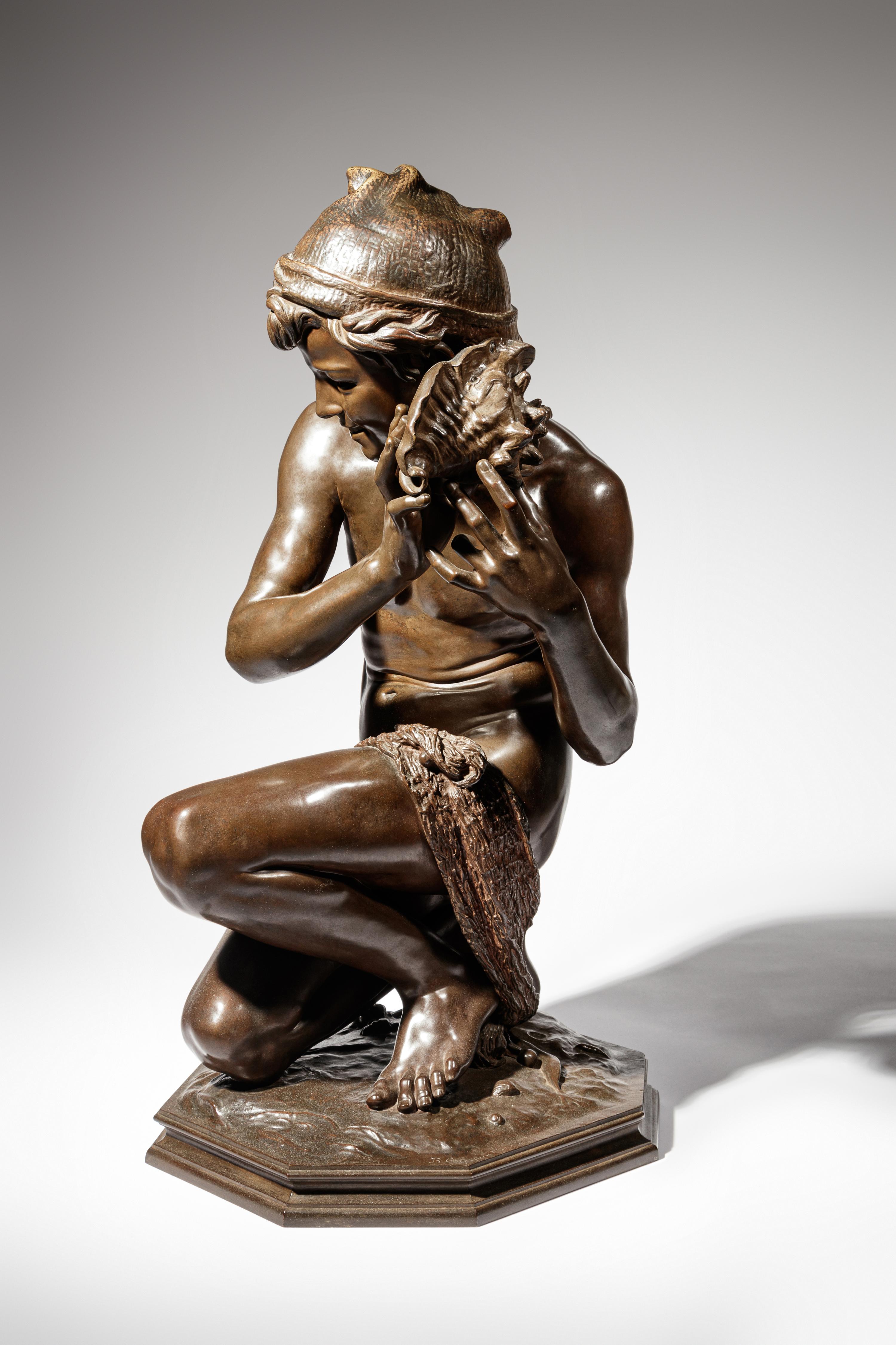 Jean-Baptiste Carpeaux (French, 1827-1875) | 19th Century | Le jeune pêcheur à la coquille | bronze | signed JB Carpeaux and with Propriété Carpeaux stamp | Height 35 1/2 x width 15 5/8 x depth 18 5/8 inches.
