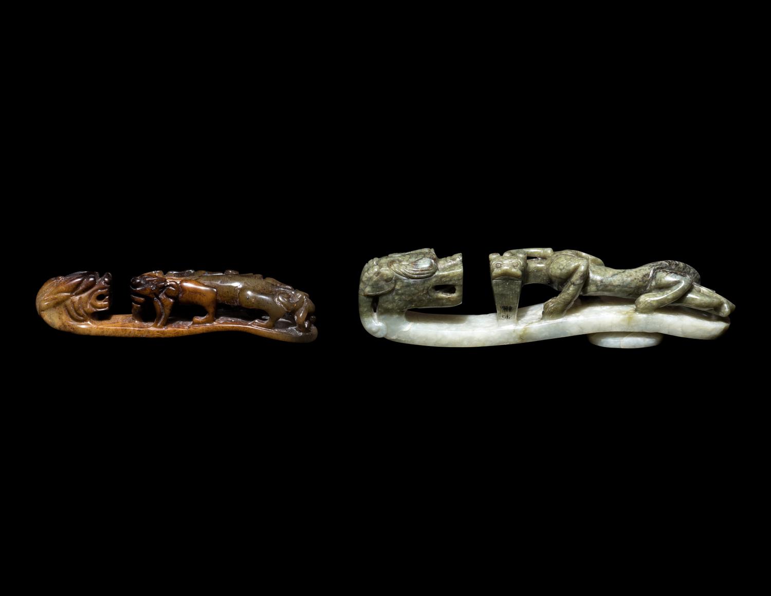 Two Large Chinese Carved Jade 'Chilong' Belt Buckles and One Hardstone Carving