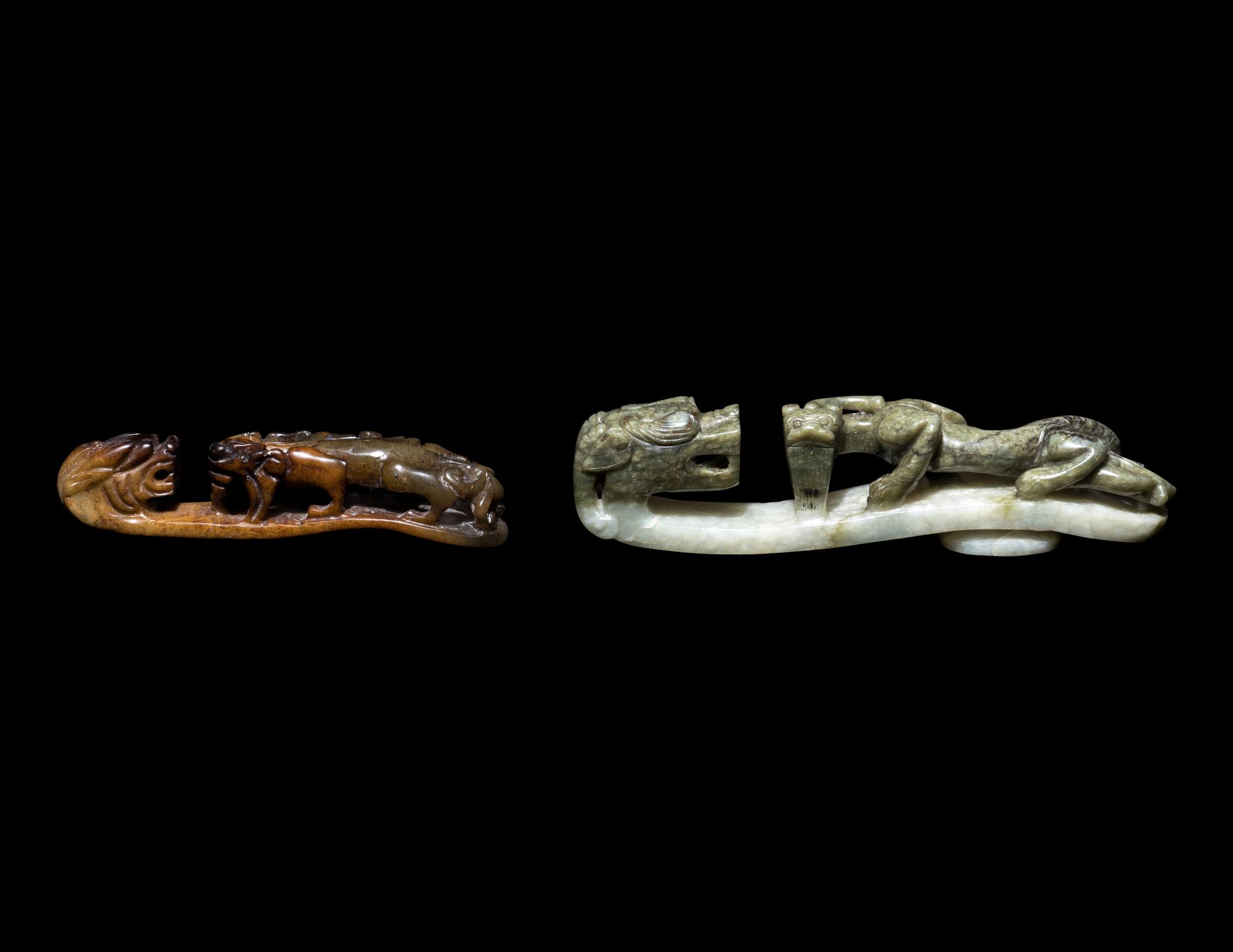 Two Large Chinese Carved Jade 'Chilong' Belt Buckles and One Hardstone Carving