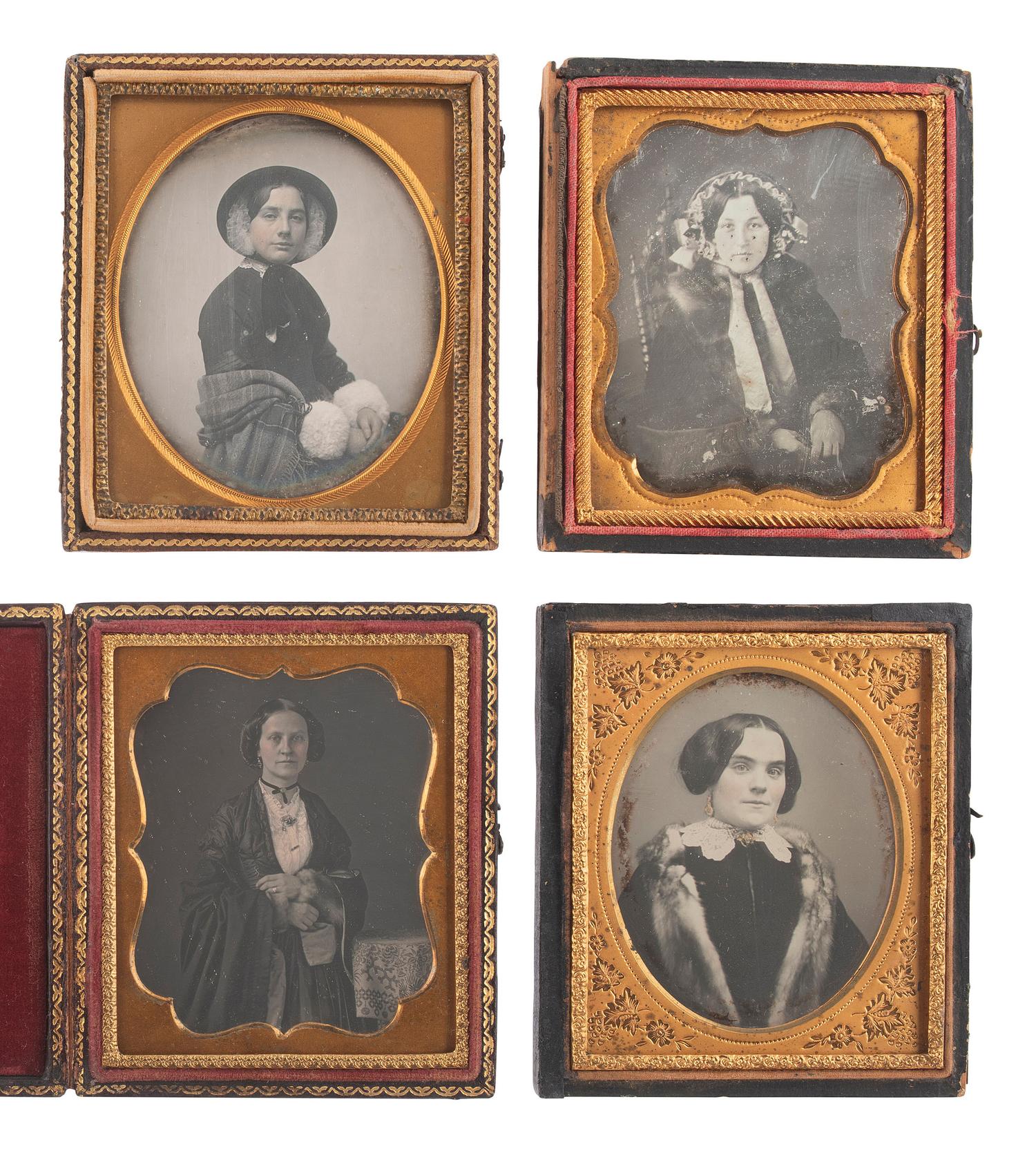 [EARLY PHOTOGRAPHY]. 6 sixth plate daguerreotypes of women wearing fur garments or accessories.
