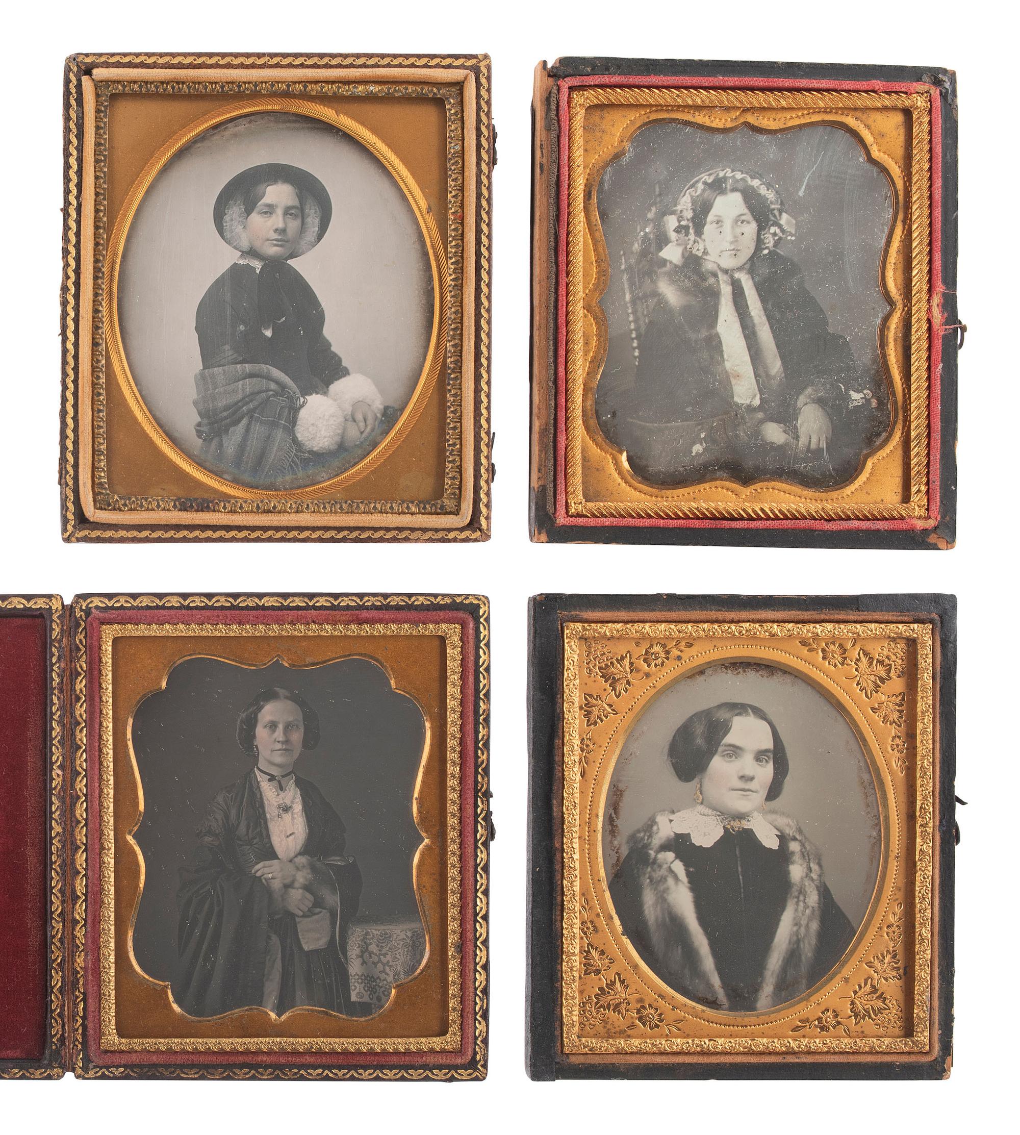 [EARLY PHOTOGRAPHY]. 6 sixth plate daguerreotypes of women wearing fur garments or accessories.