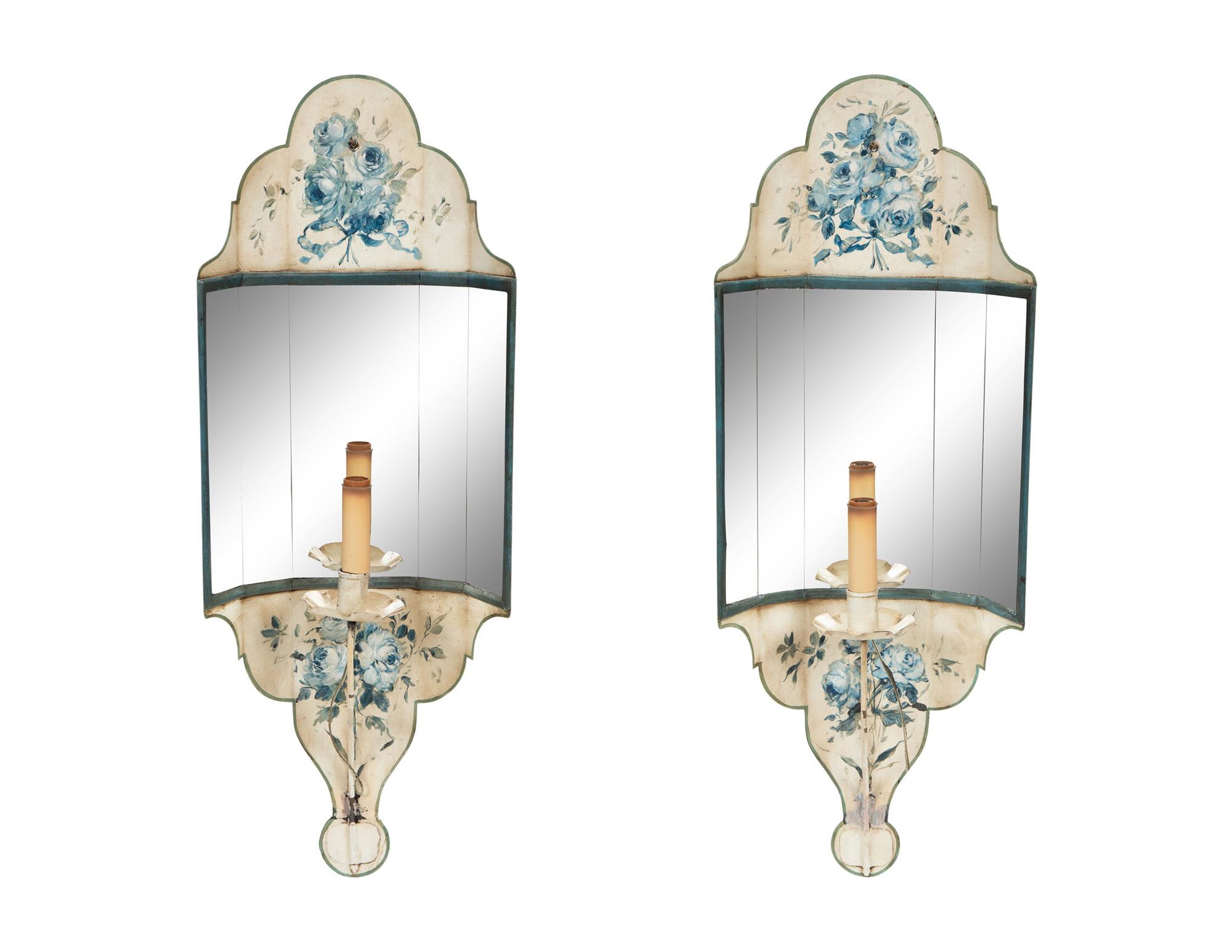 A Pair of Painted Tole and Mirror Wall Sconces