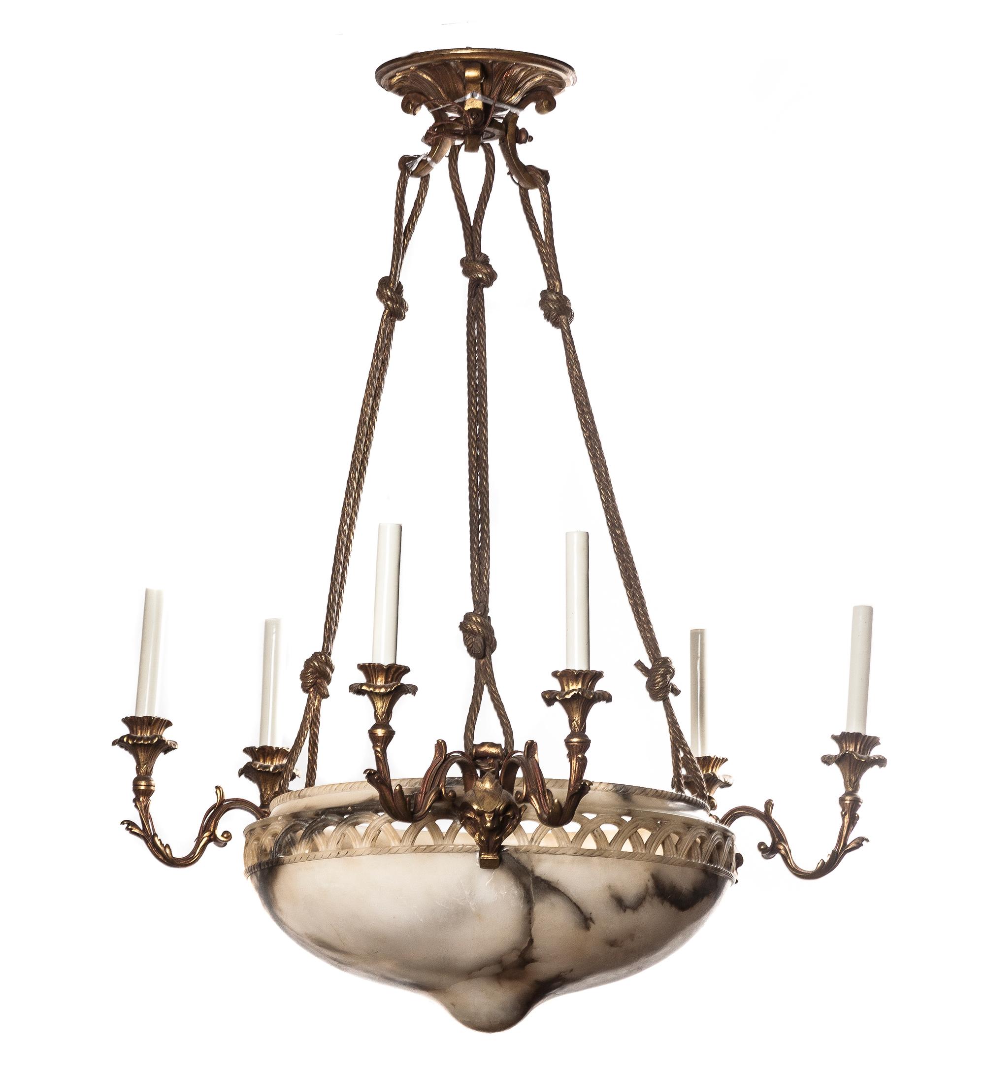 A Continental Gilt Bronze and Alabaster Six-Light Chandelier, Height 25 x diameter 22 inches.