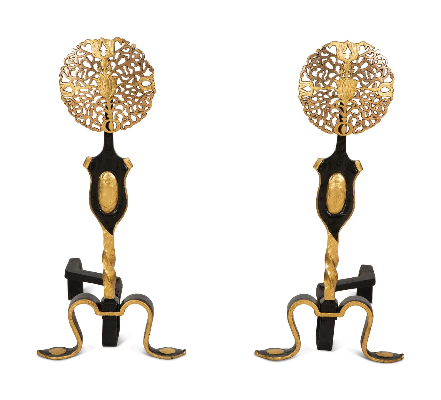 A Pair of Black and Gilt Painted Andirons — 19th/20th Century