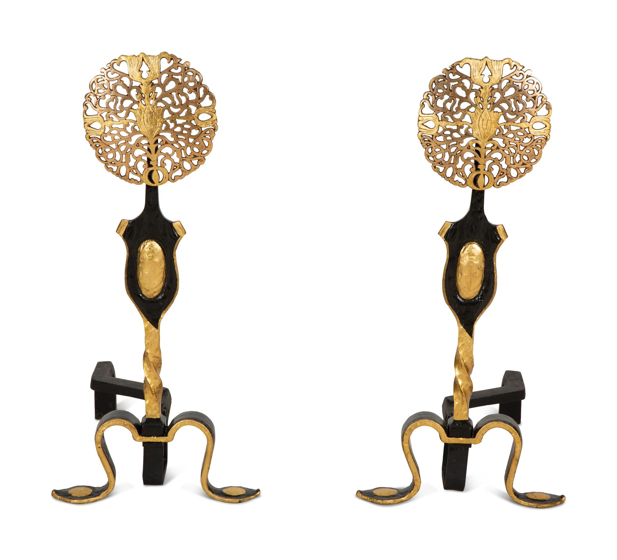 A Pair of Black and Gilt Painted Andirons — 19th/20th Century