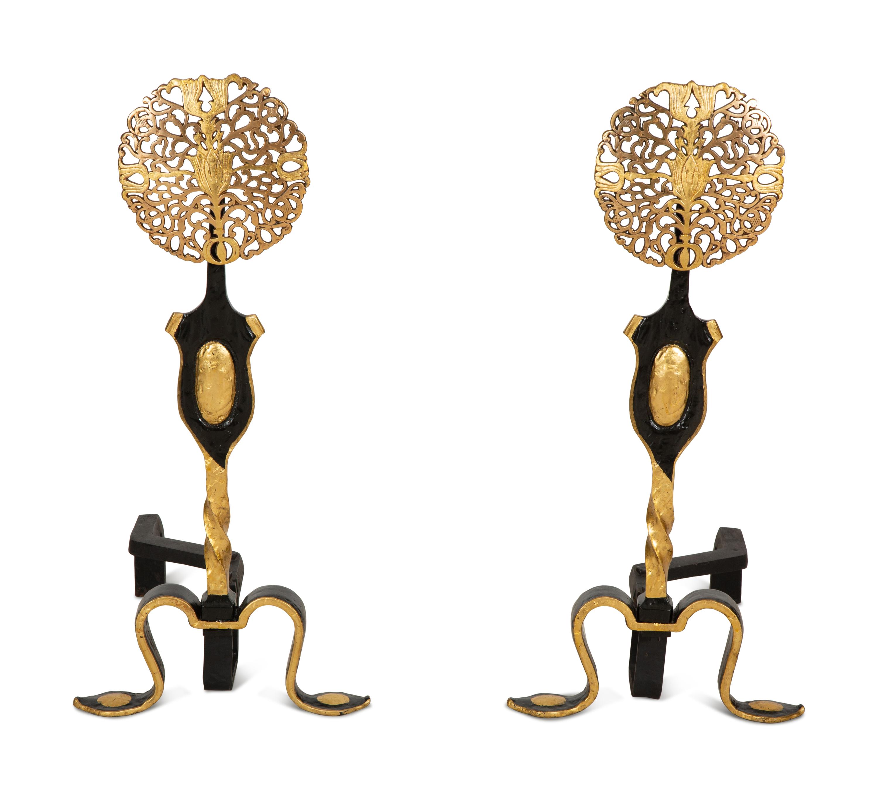 A Pair of Black and Gilt Painted Andirons — 19th/20th Century
