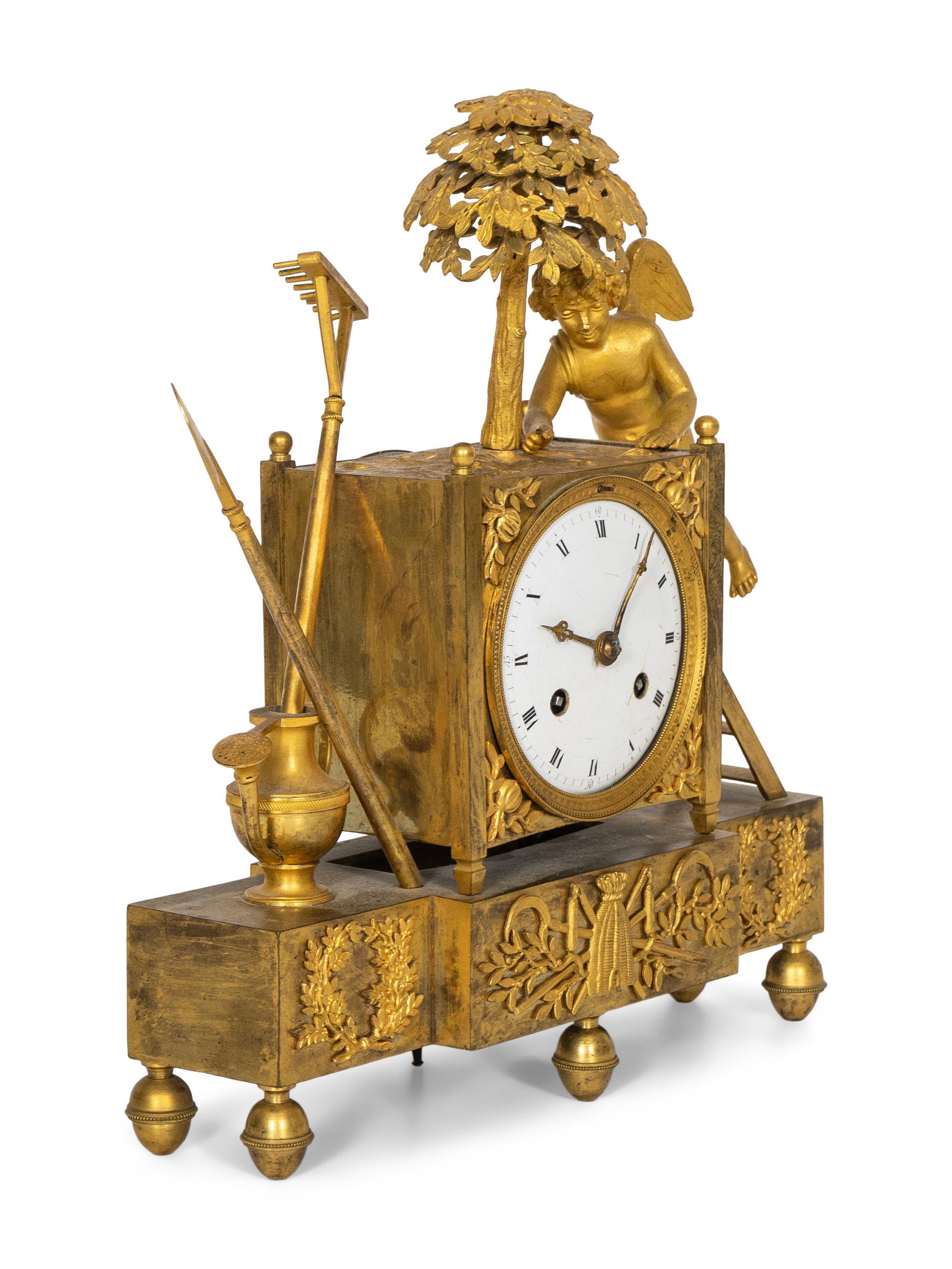 A French Empire L'Amour Jardinier Gilt Bronze Mantel Clock