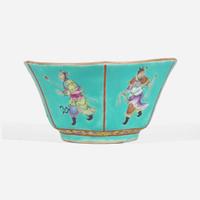A Chinese turquoise ground "Six Heroes" porcelain bowl 松石绿釉粉彩人物碗