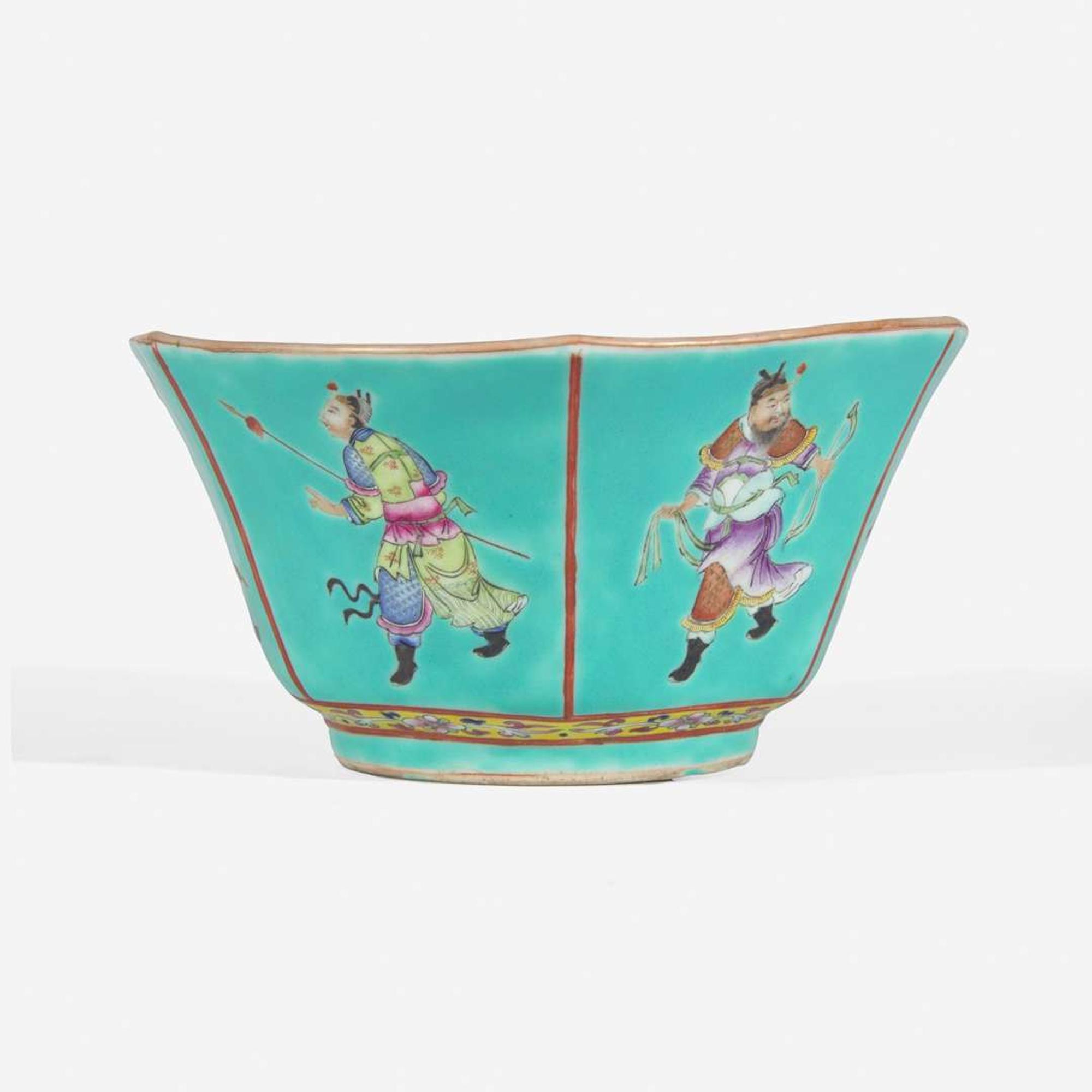 A Chinese turquoise ground "Six Heroes" porcelain bowl 松石绿釉粉彩人物碗