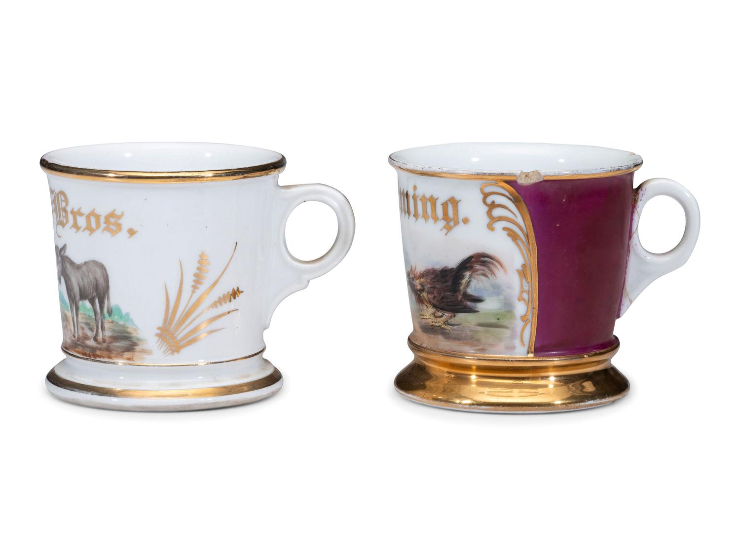 Two Porcelain Shaving Mugs of Farm Animal Interest