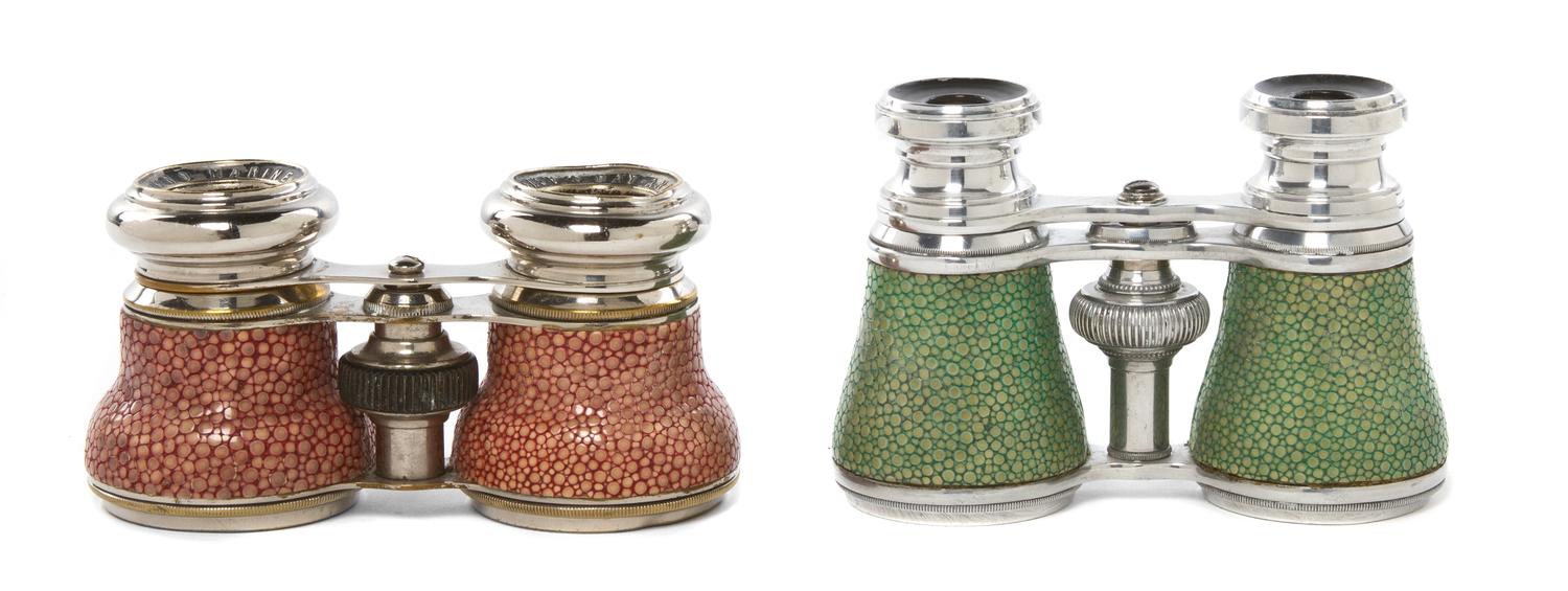 Two Pairs of Shagreen Mounted Chromed Opera Glasses, Width of first 4 5/8 inches.
