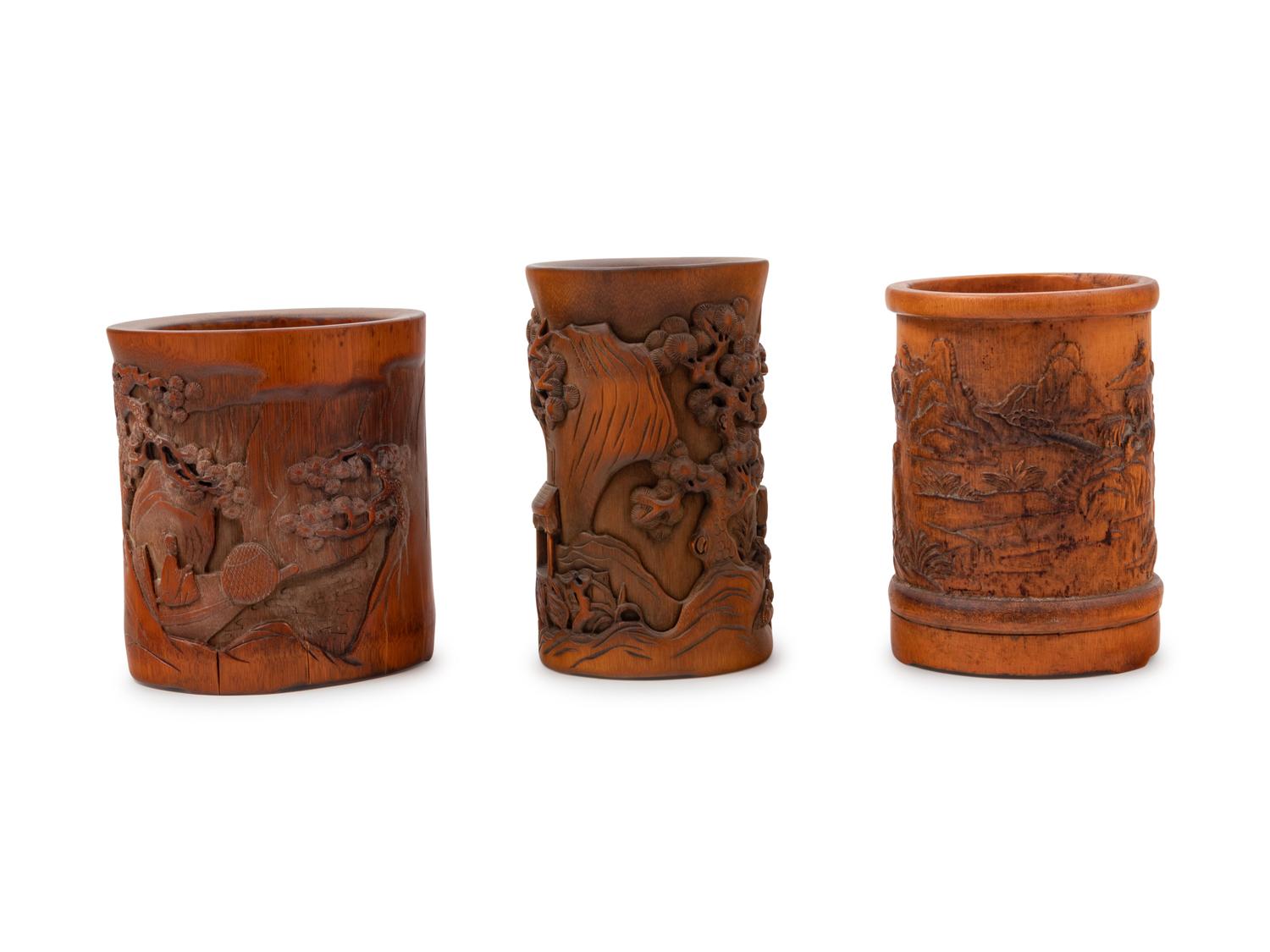 Three Chinese Bamboo Brush Pots, Bitong