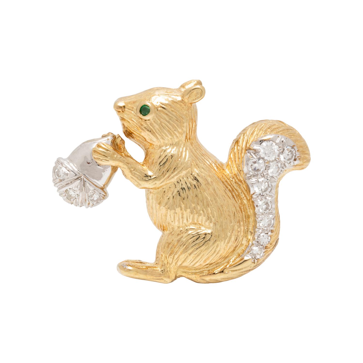 BICOLOR GOLD, DIAMOND, AND EMERALD SQUIRREL BROOCH