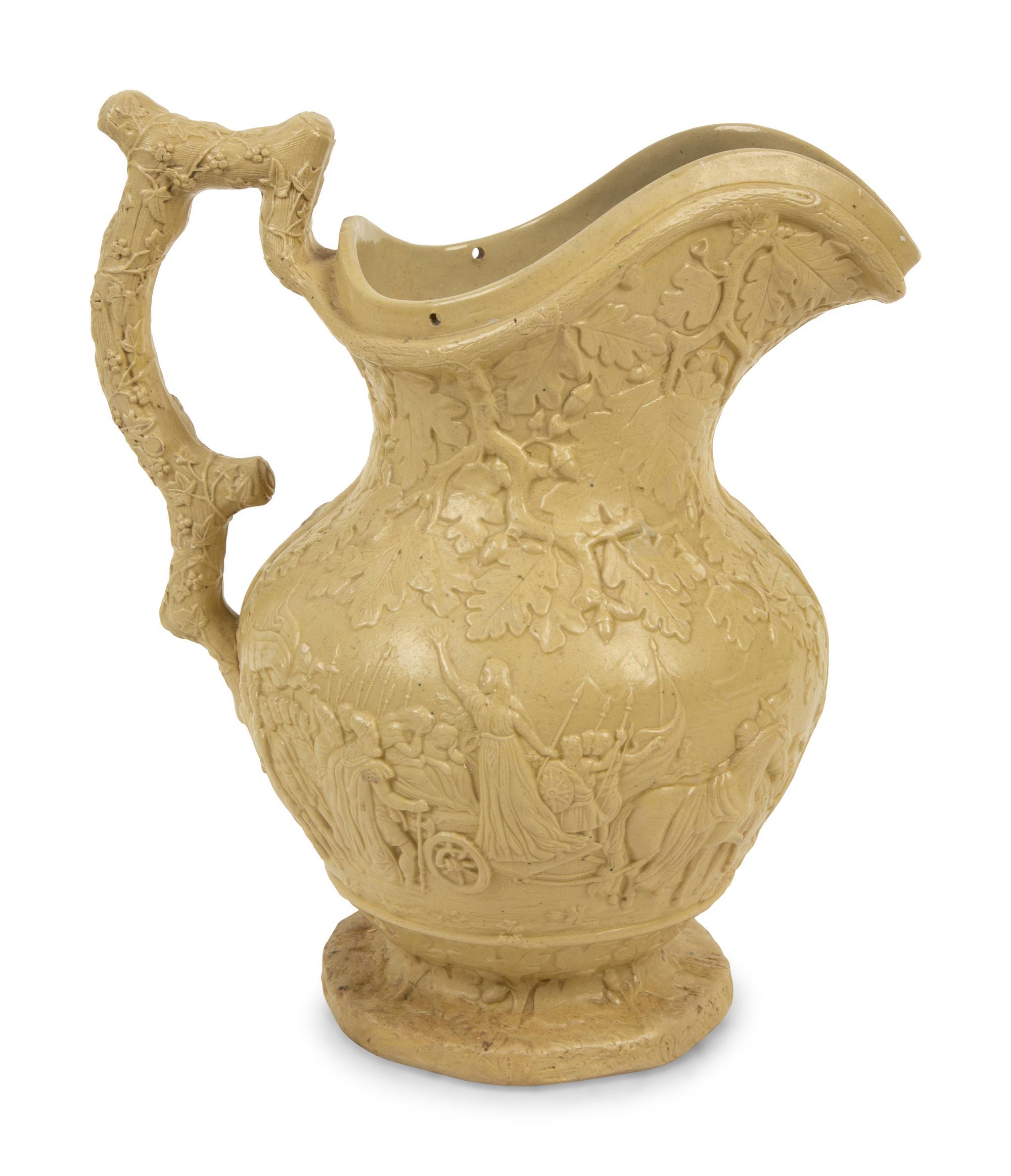 A Collection of Seven English Salt Glazed Relief Form Pitchers — 19TH/20TH CENTURY