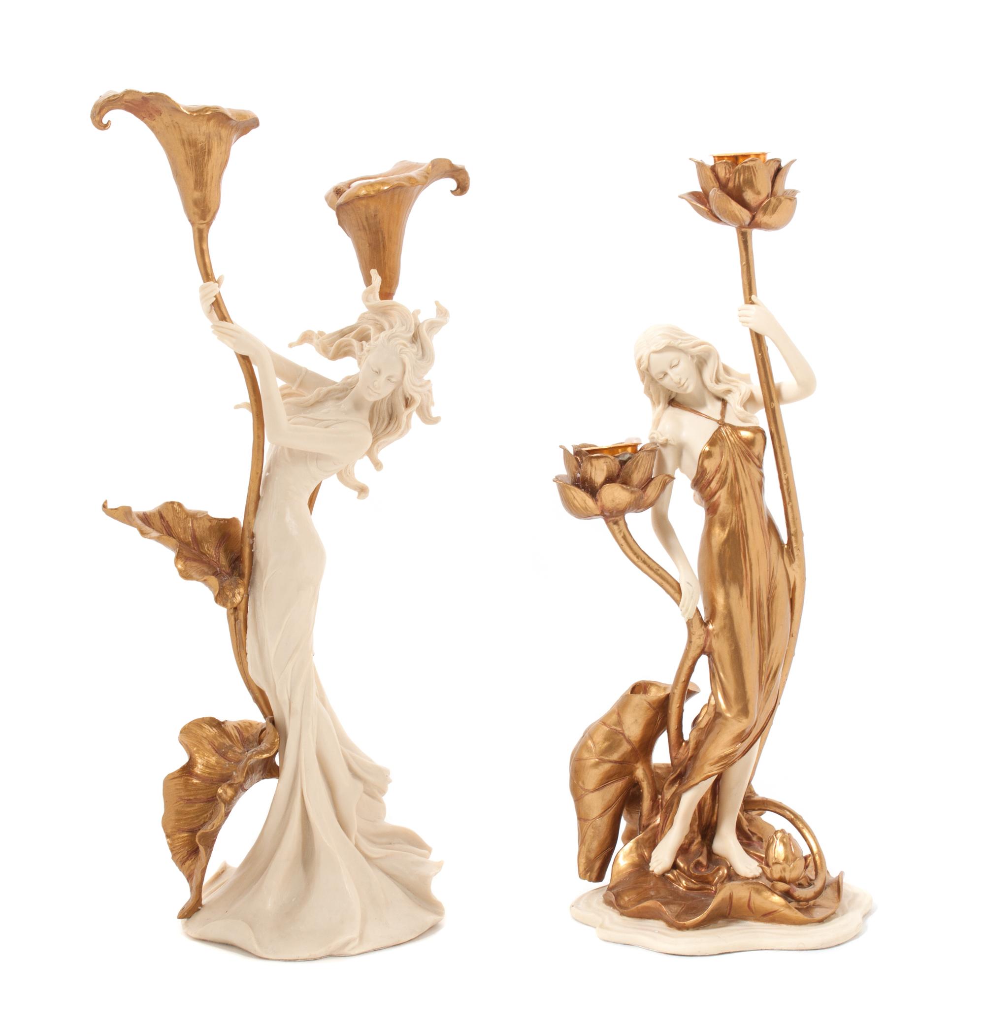 Two Contemporary Art Nouveau Style Two-Light Figural Candelabra Height of taller 14 1/4 inches. — SECOND HALF 20TH CENTURY