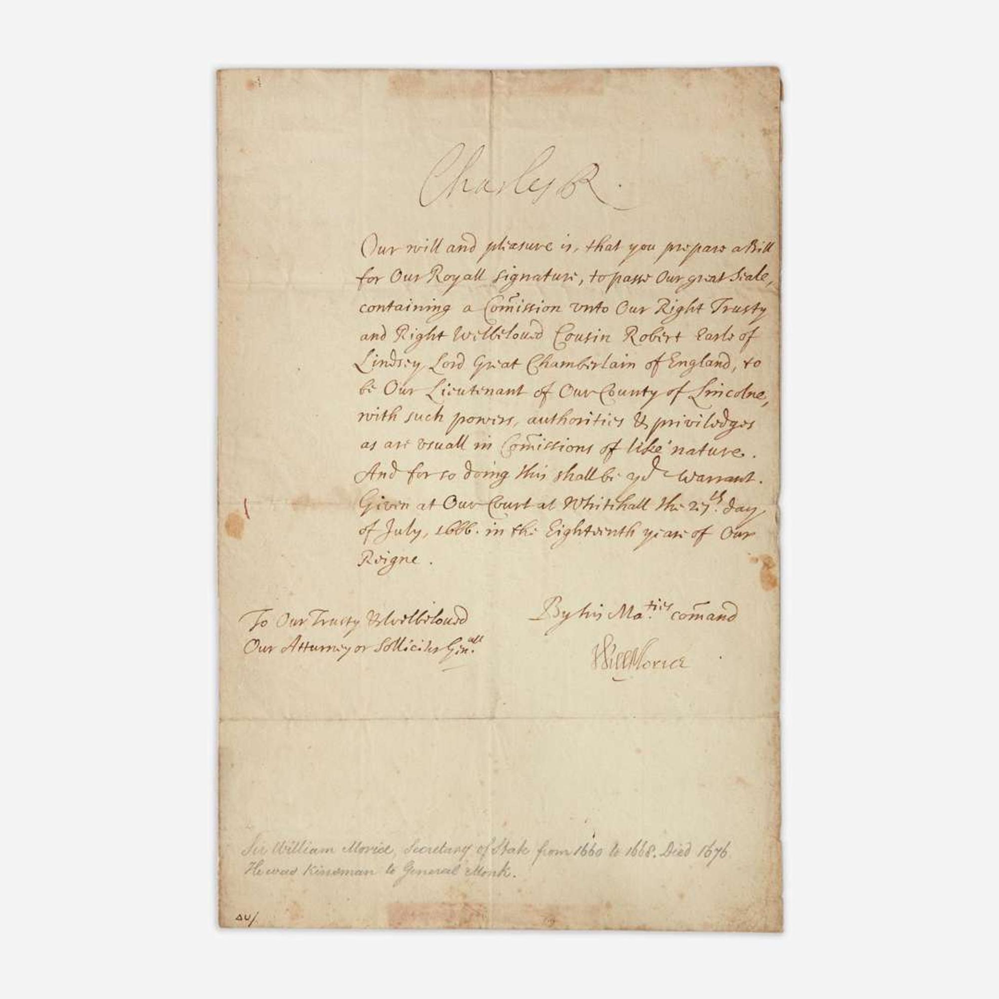 [Autographs & Manuscripts] Charles II Manuscript Letter, signed