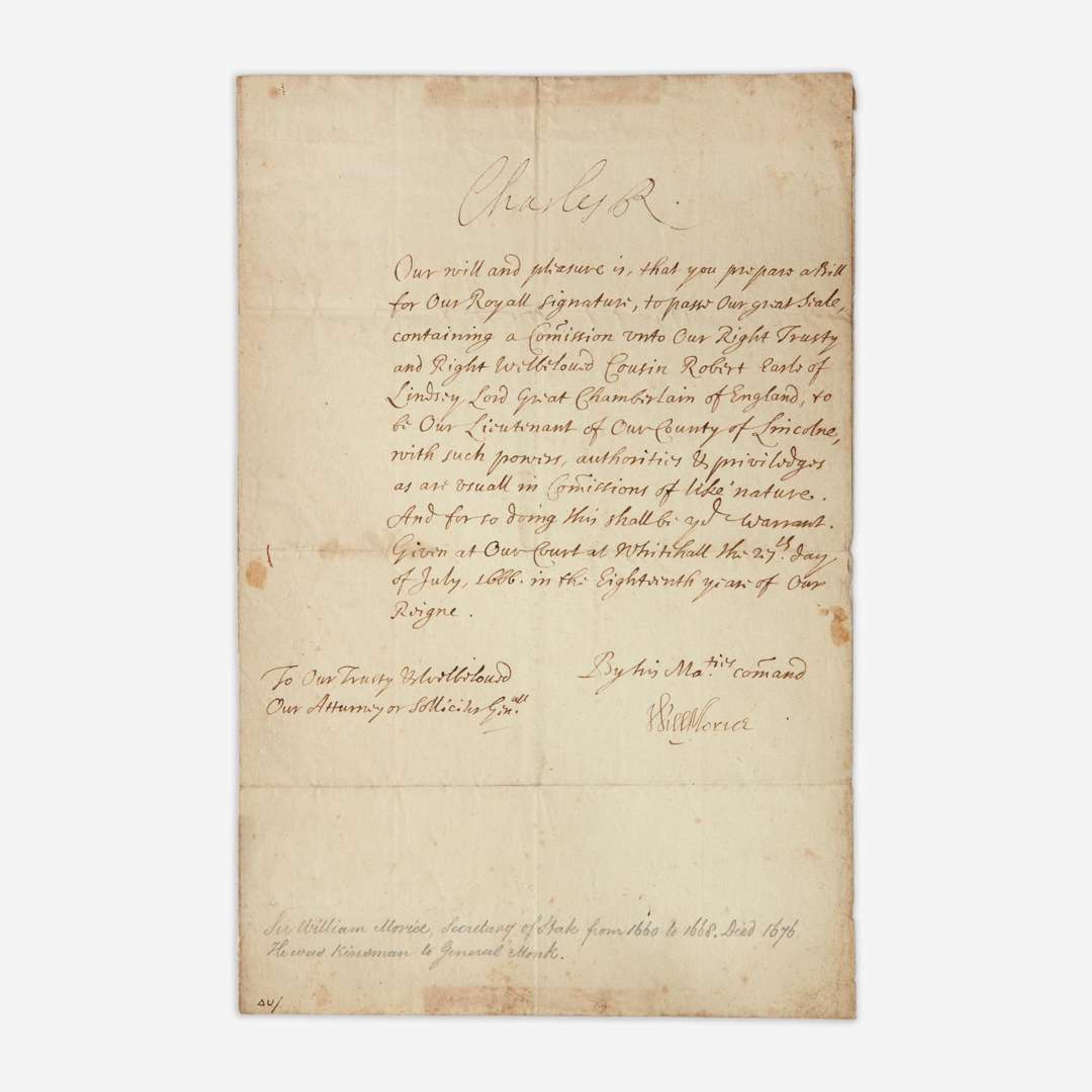 [Autographs & Manuscripts] Charles II Manuscript Letter, signed