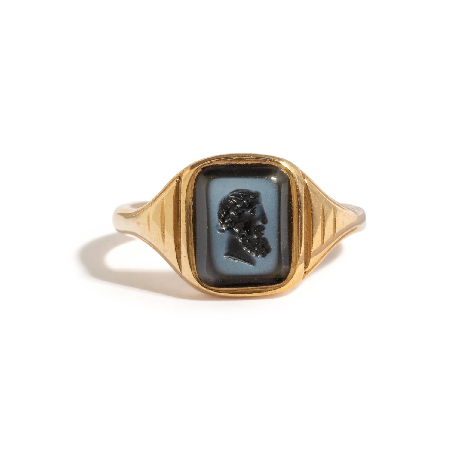 A Neoclassical Gold and Nicolo Finger Ring with the Portrait Head of the God Bachus