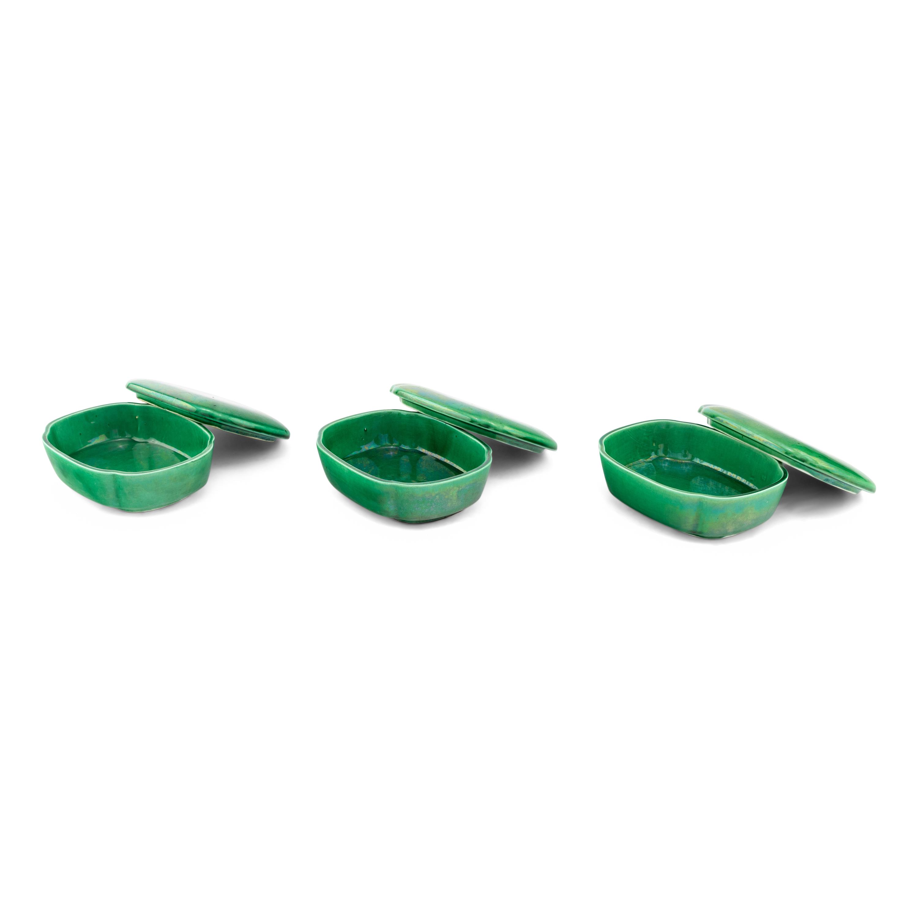 Three Green Glazed Covered Boxes