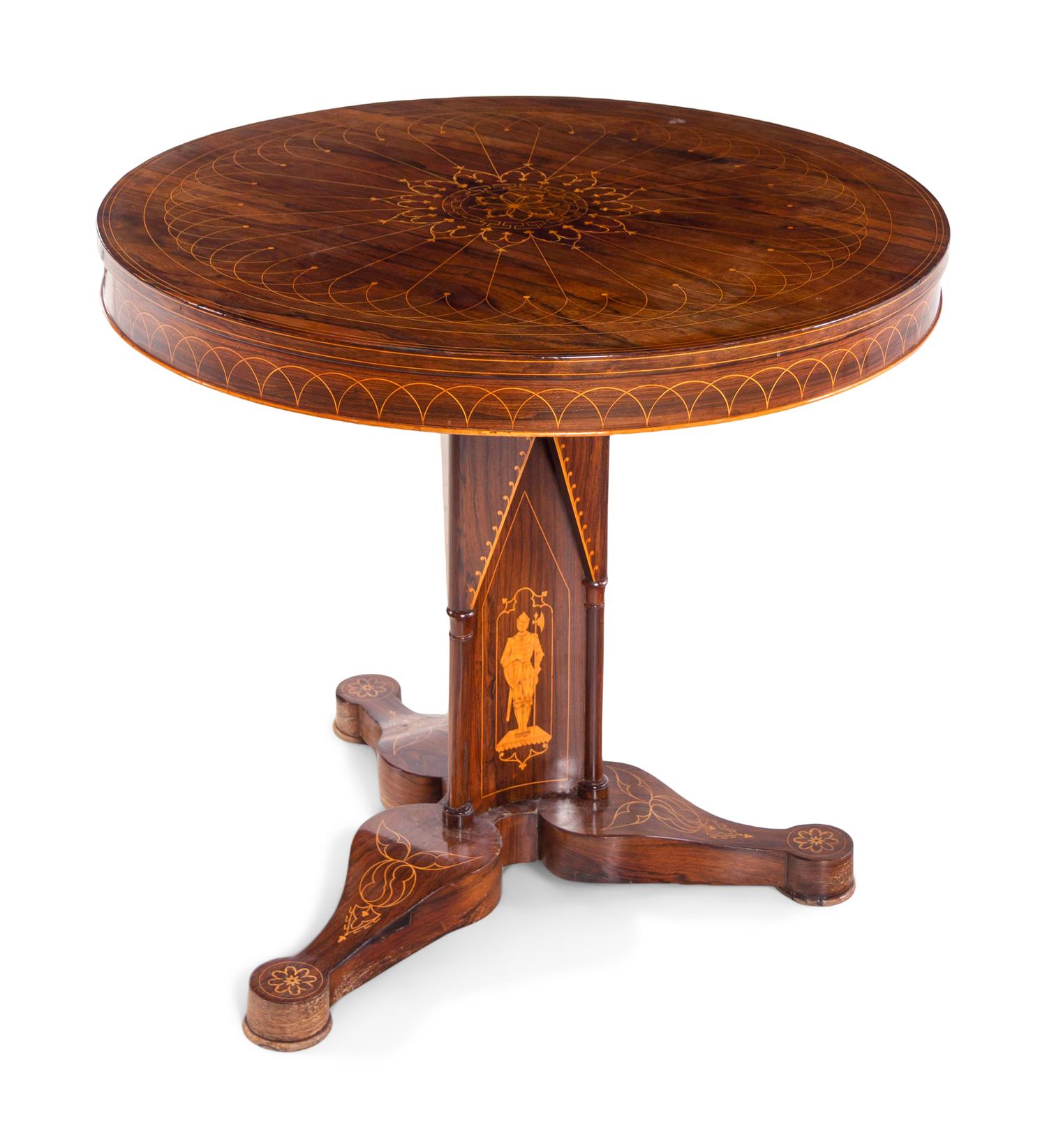 A Charles X Line Inlaid Rosewood Center Table with Marquetry Depicting Suits of Armor