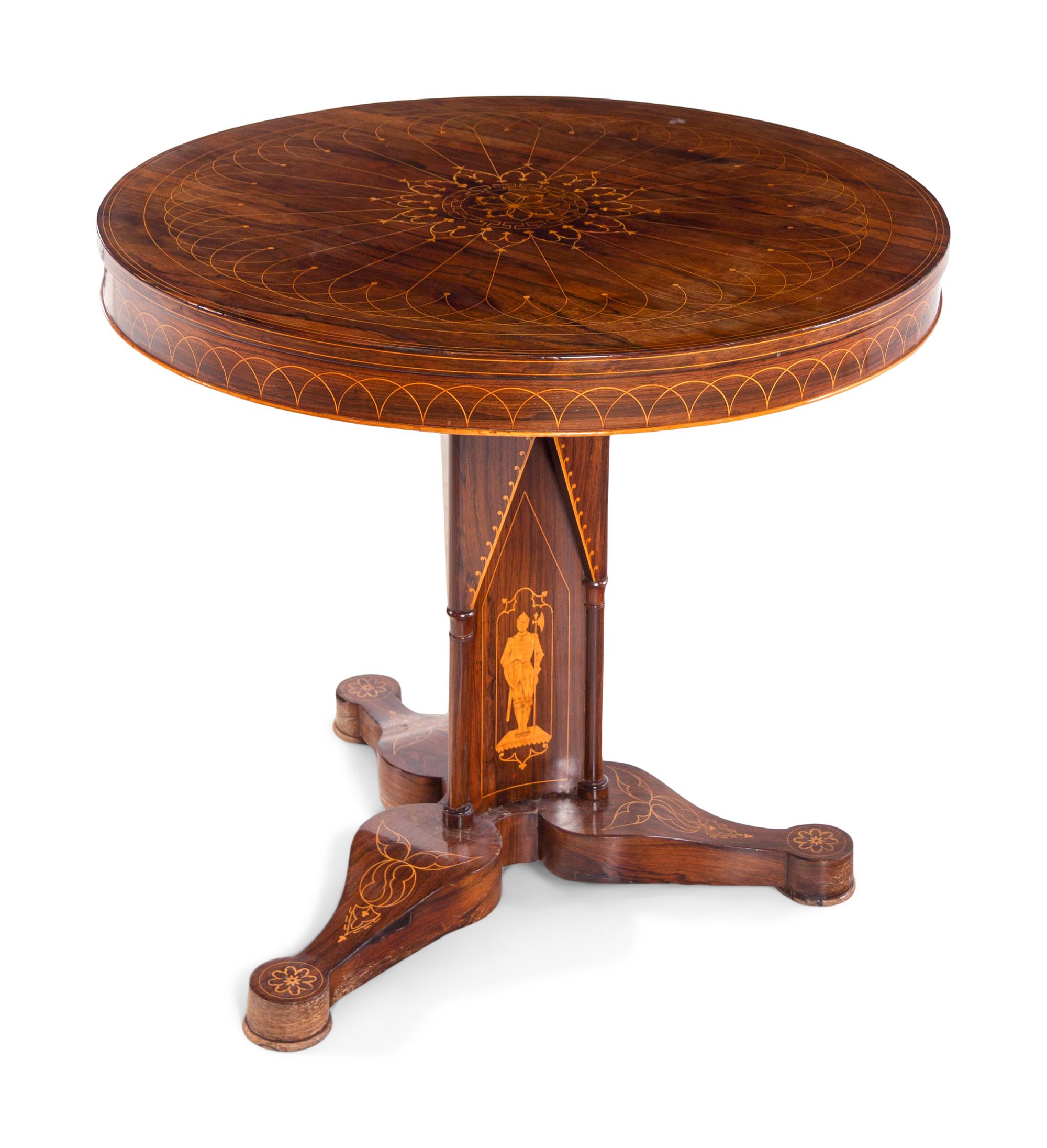 A Charles X Line Inlaid Rosewood Center Table with Marquetry Depicting Suits of Armor
