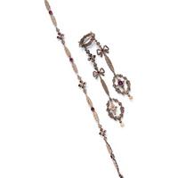 FRENCH, ANTIQUE, SILVER-TOPPED GOLD, RUBY, PEARL AND DIAMOND SET